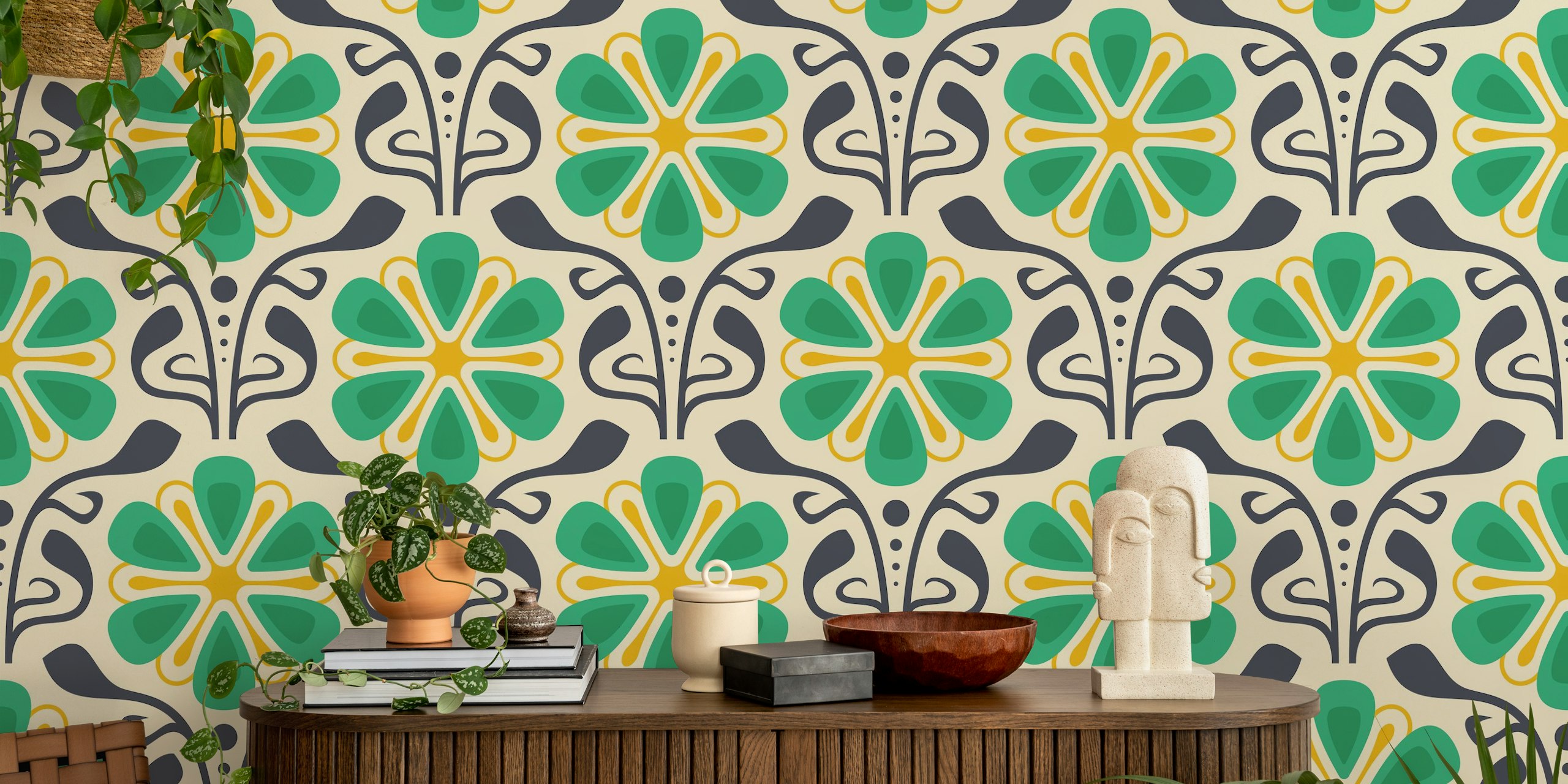 Classic Daisy Charm in Blue Yellow - S papel de parede em um quarto