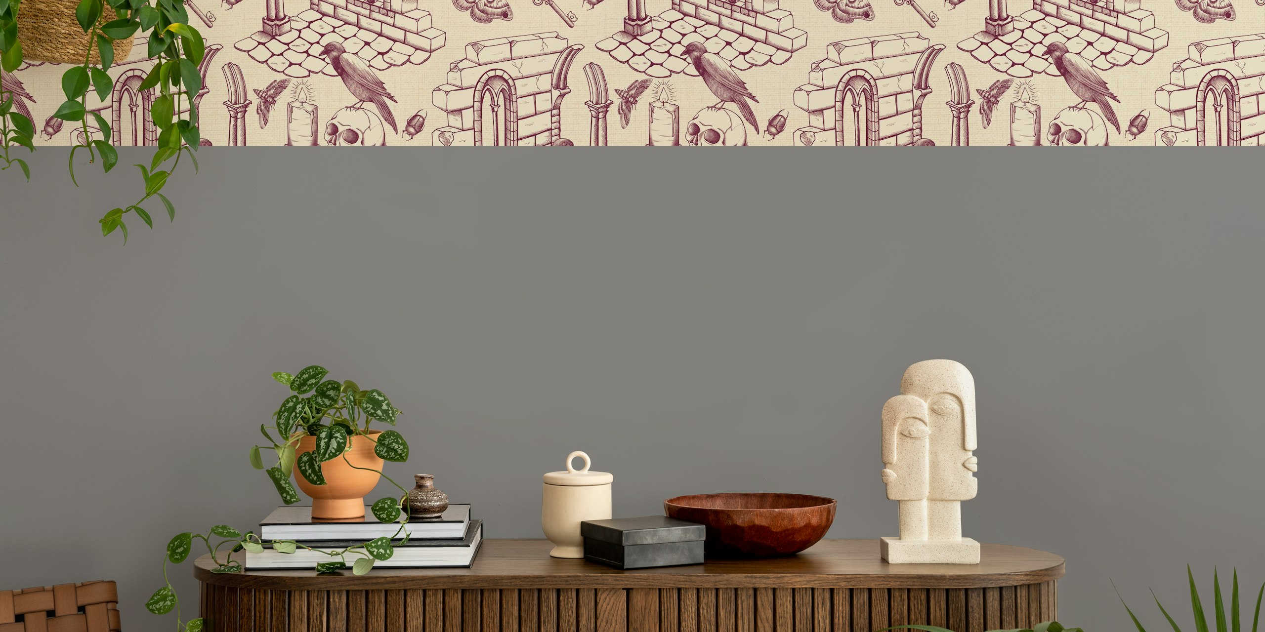 Burgundy Dark Academia Toile de Jouy wallpaper in a room