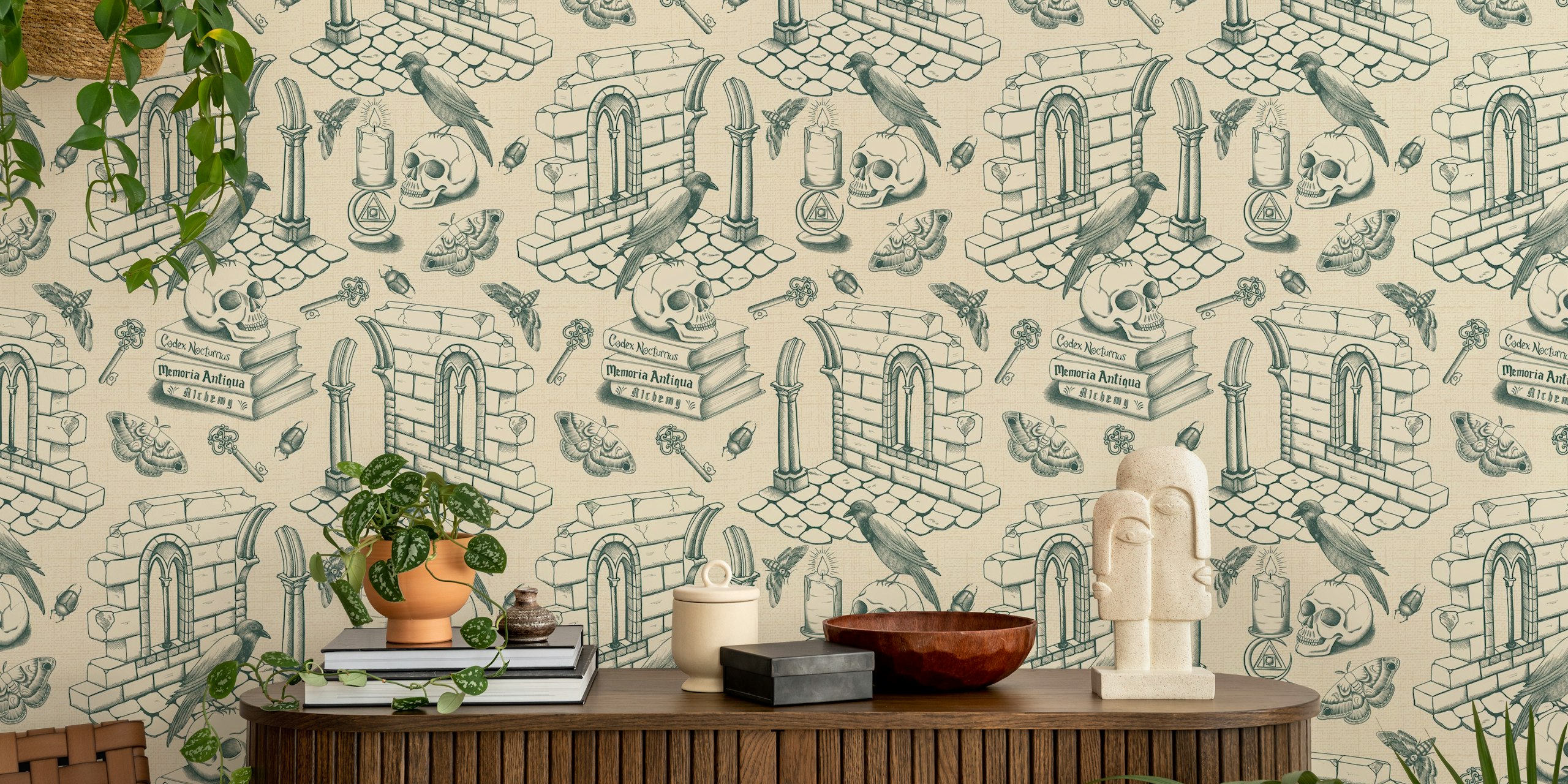 Papier peint Dark Academia Toile de Jouy dans la pièce