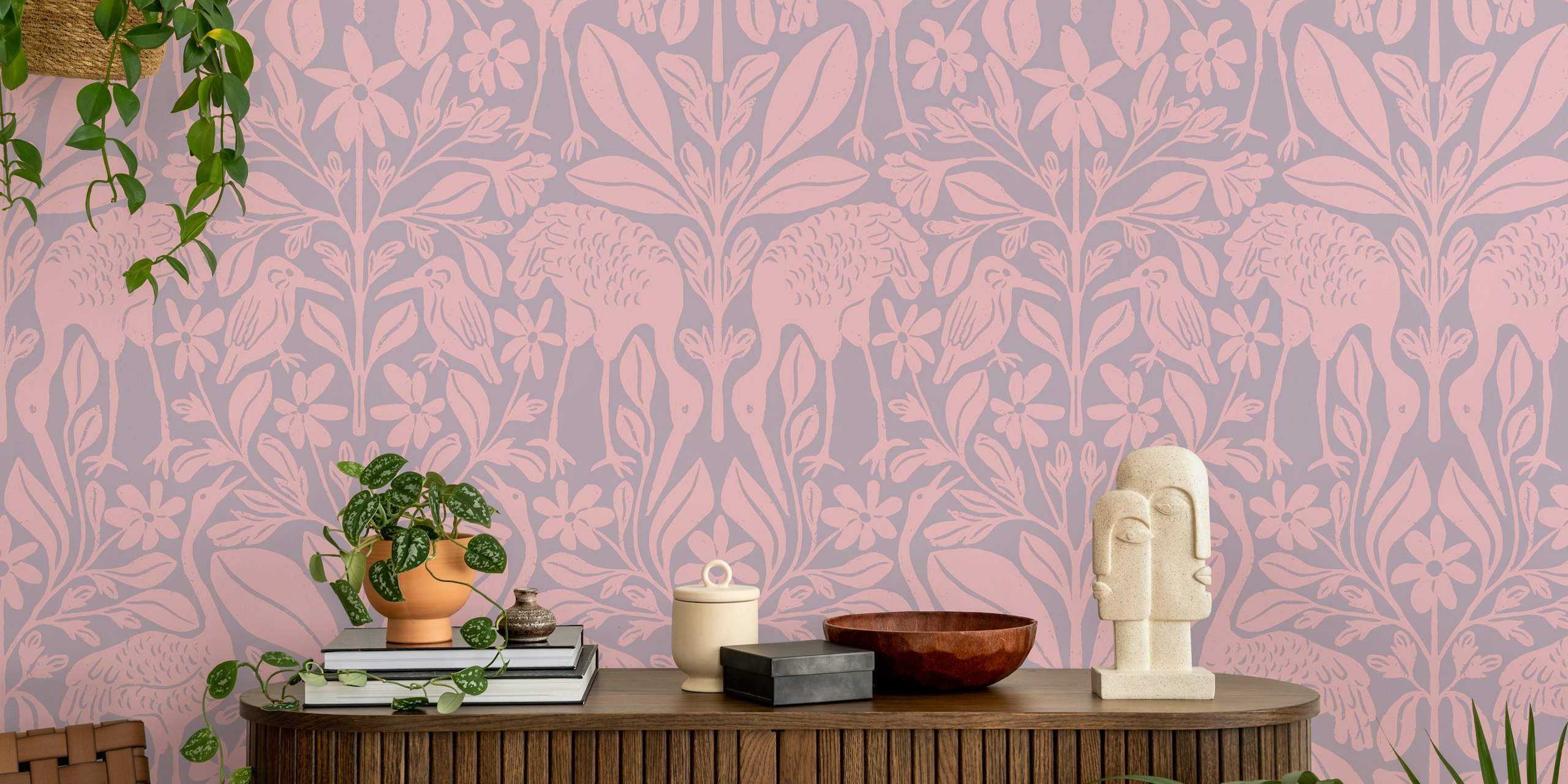 Asian Crane Pond wallpaper in a stylish room