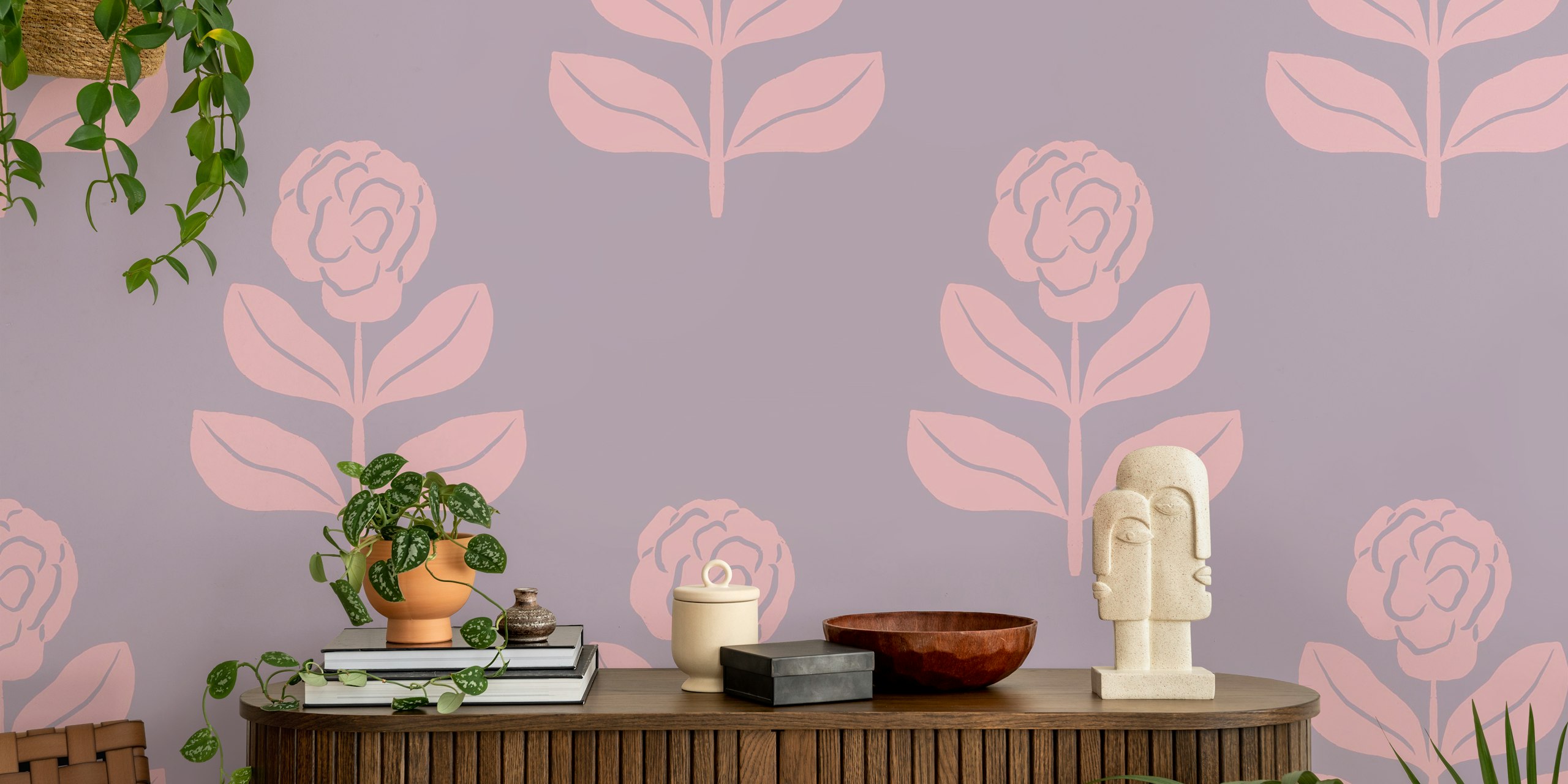 Camilla Flower in Pink on Violet Purple wallpaper in a room