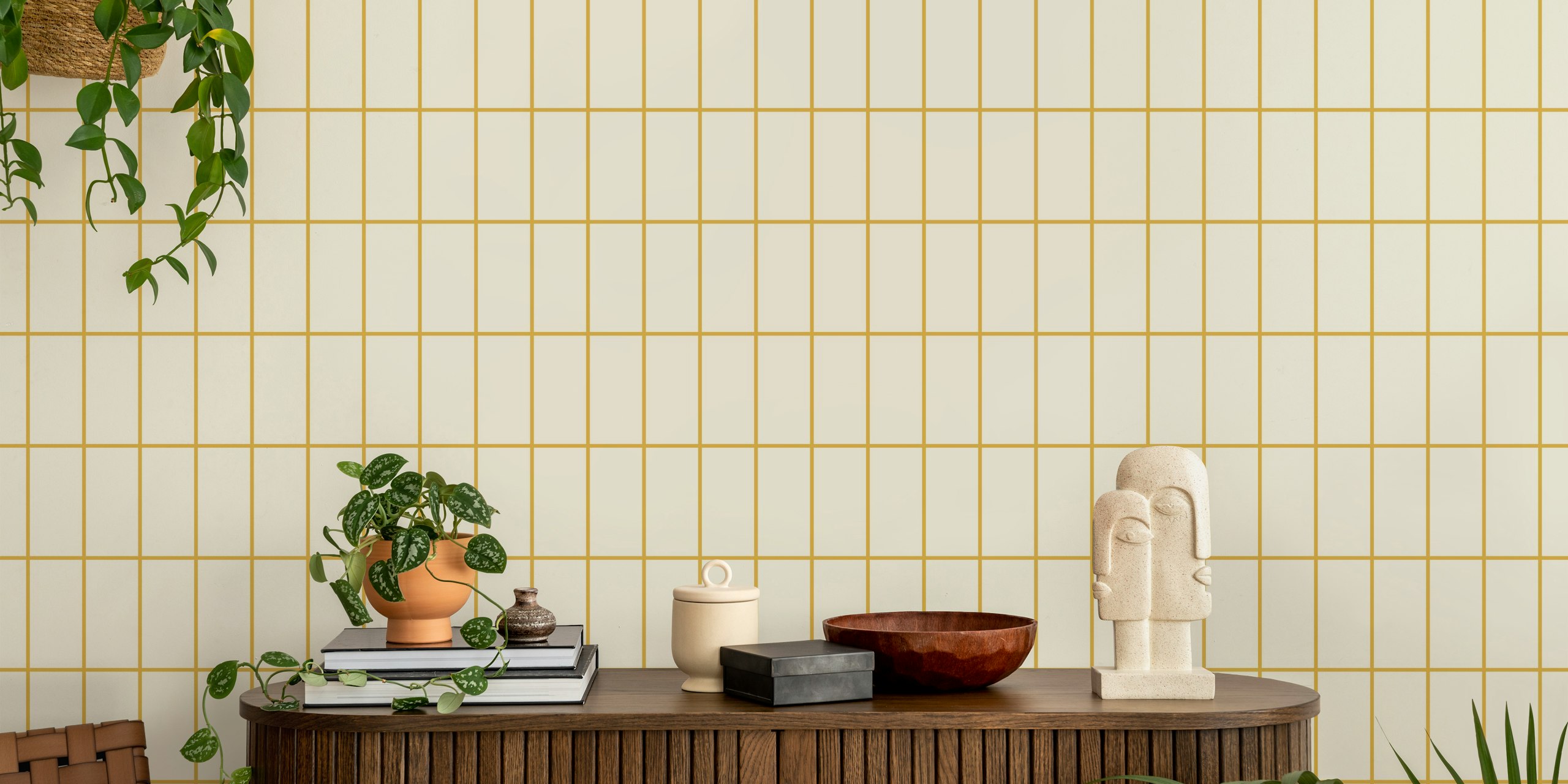 Simple Tiles wallpaper in beige and mustard yellow