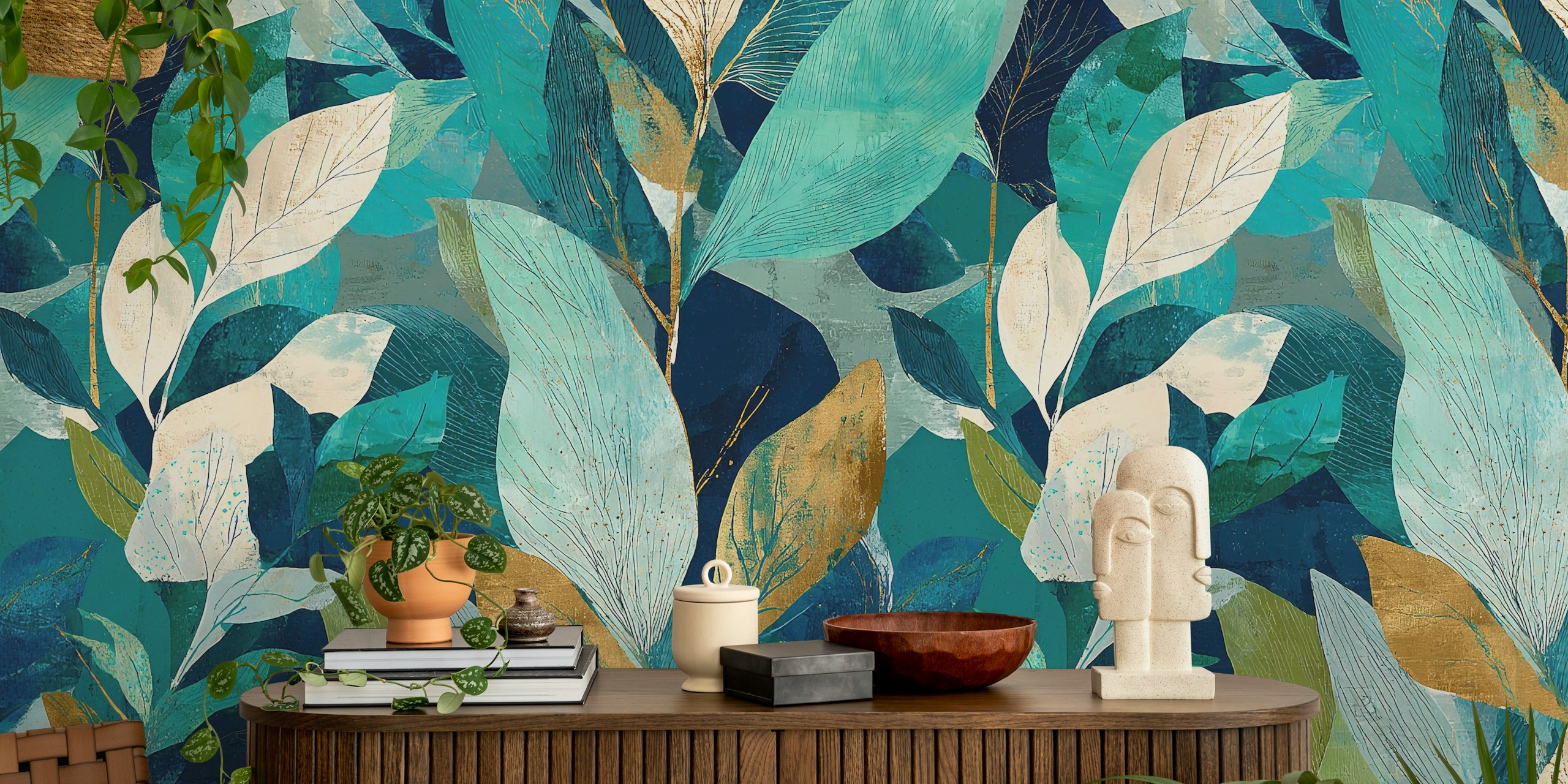 Papel pintado Forest Leaves Serenity en una habitación