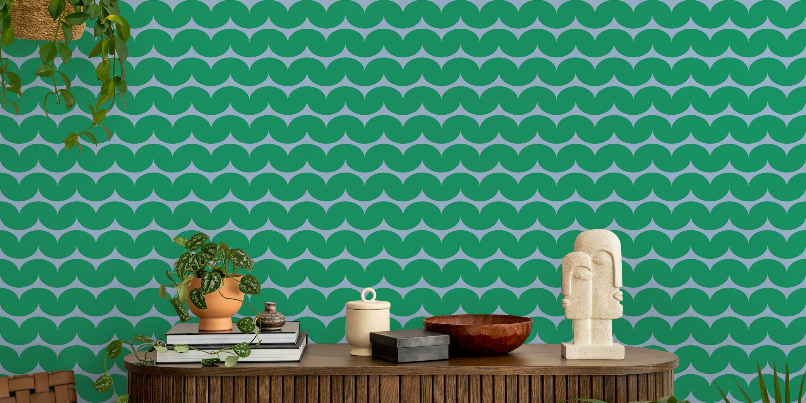 Grøn scallop wave midcentury pattern tapet