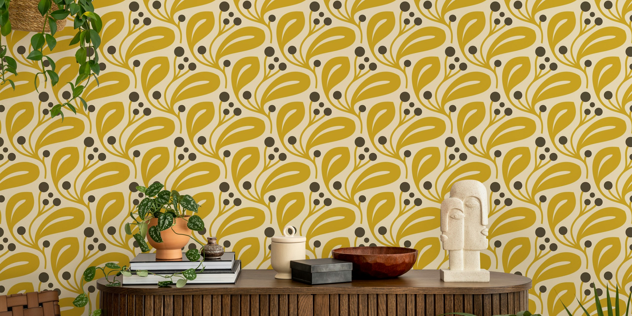 Berry Leaf Harmony in Yellow Brown wallpaper in a room