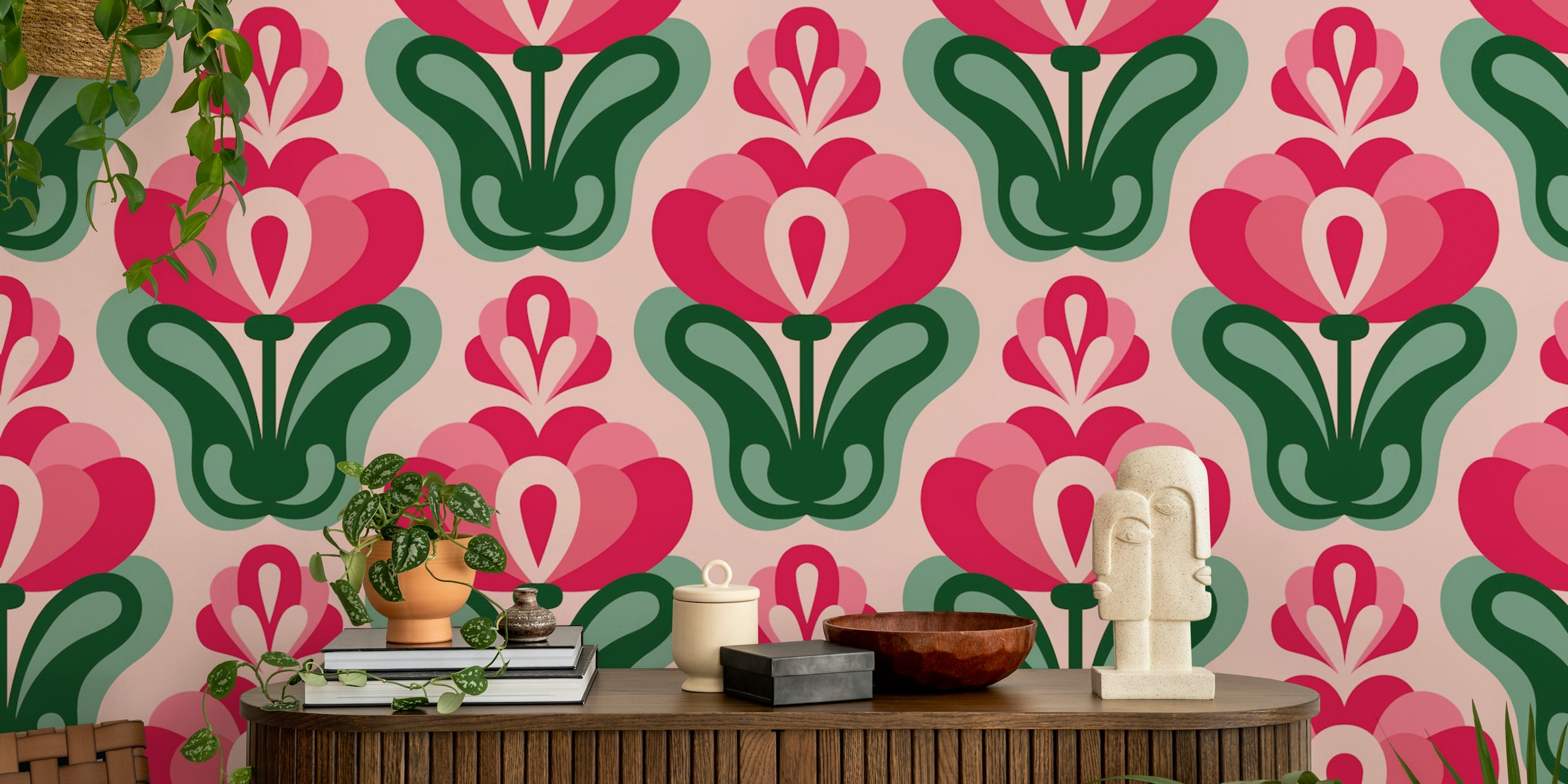 Pink floral design with green leaves wallpaper