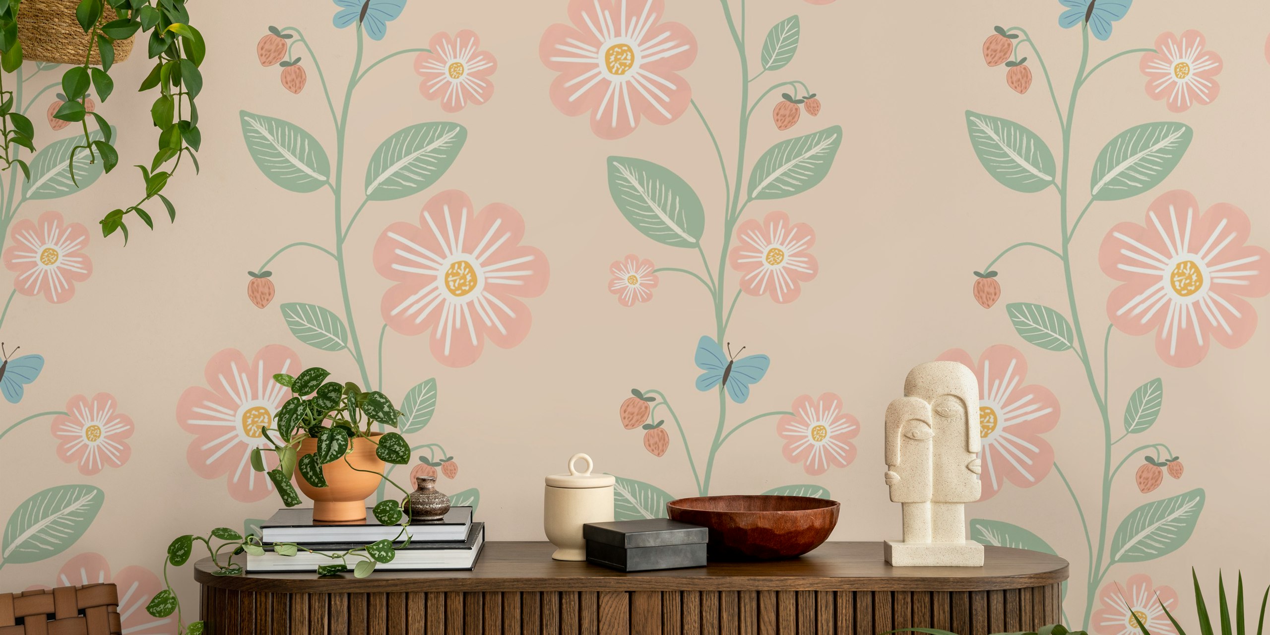 Ταπετσαρία Strawberry Vines & Blossoms Natural Linen σε ένα δωμάτιο