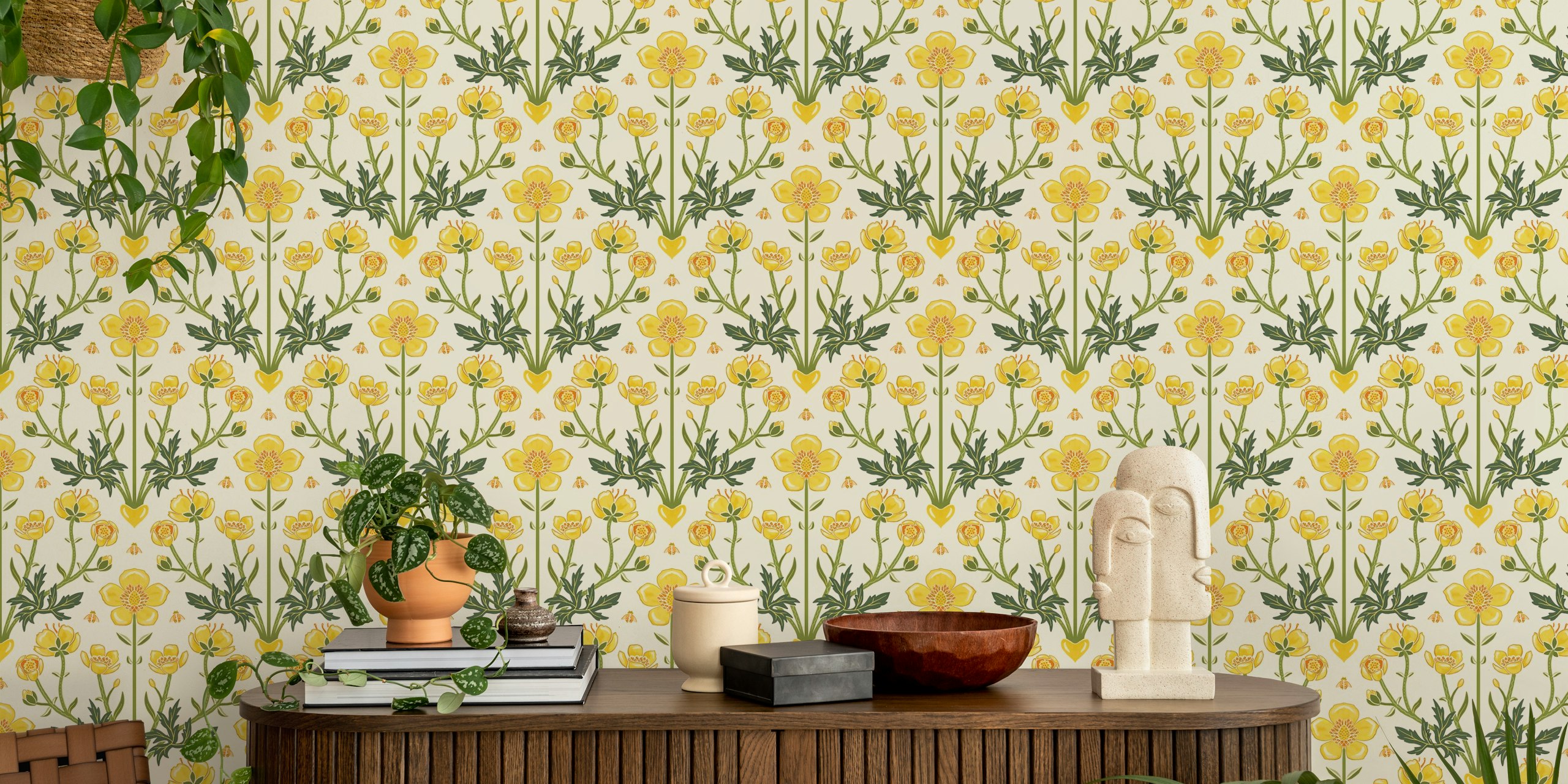 Buttercup garden with bees wallpaper in a room