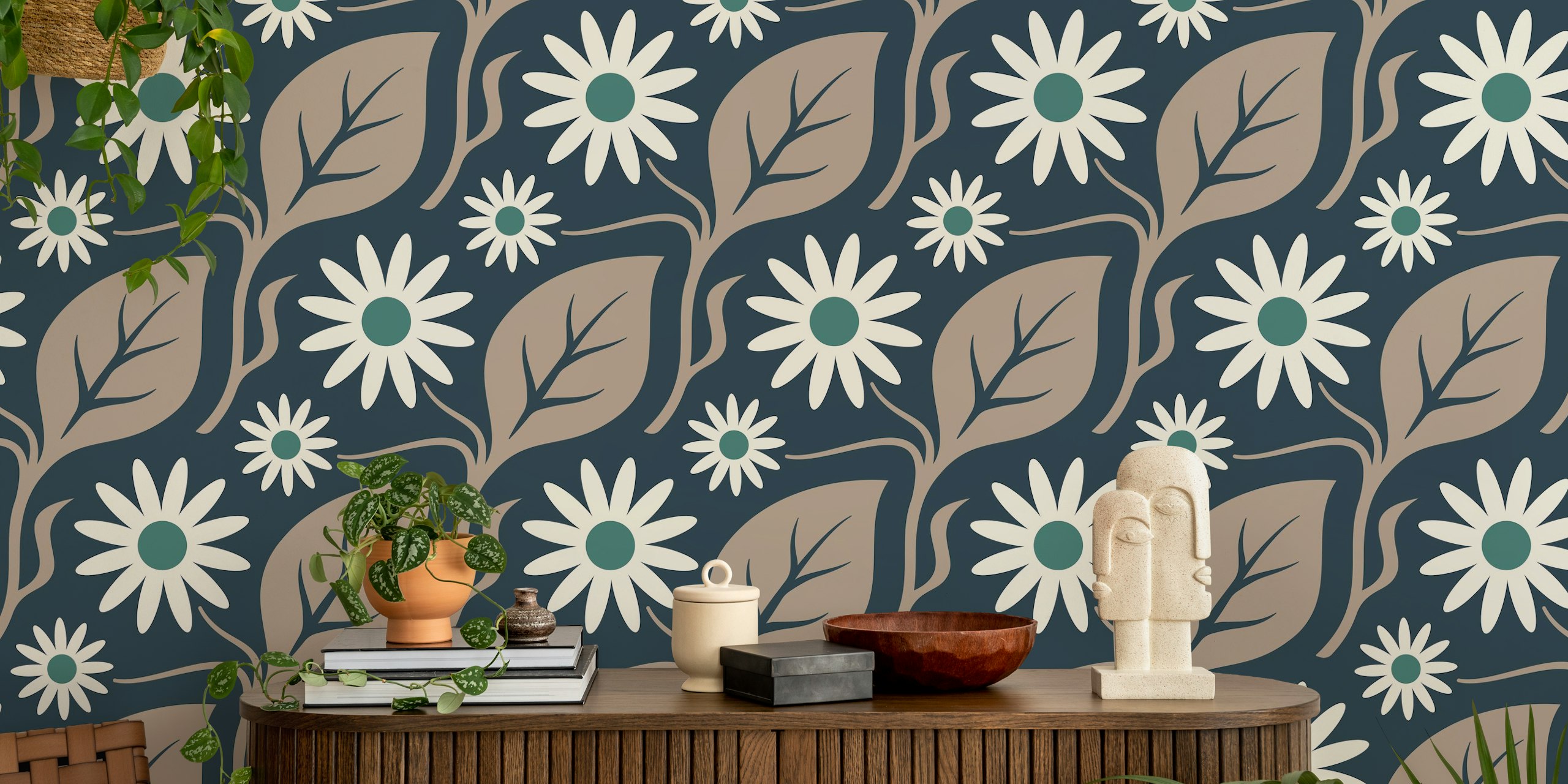 Floral daisy pattern with beige leaves and green accents wallpaper