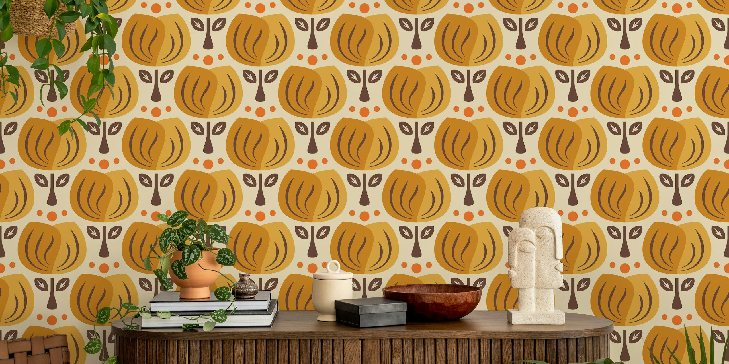 Yellow retro tulip patterned wallpaper with leaves and orange dots