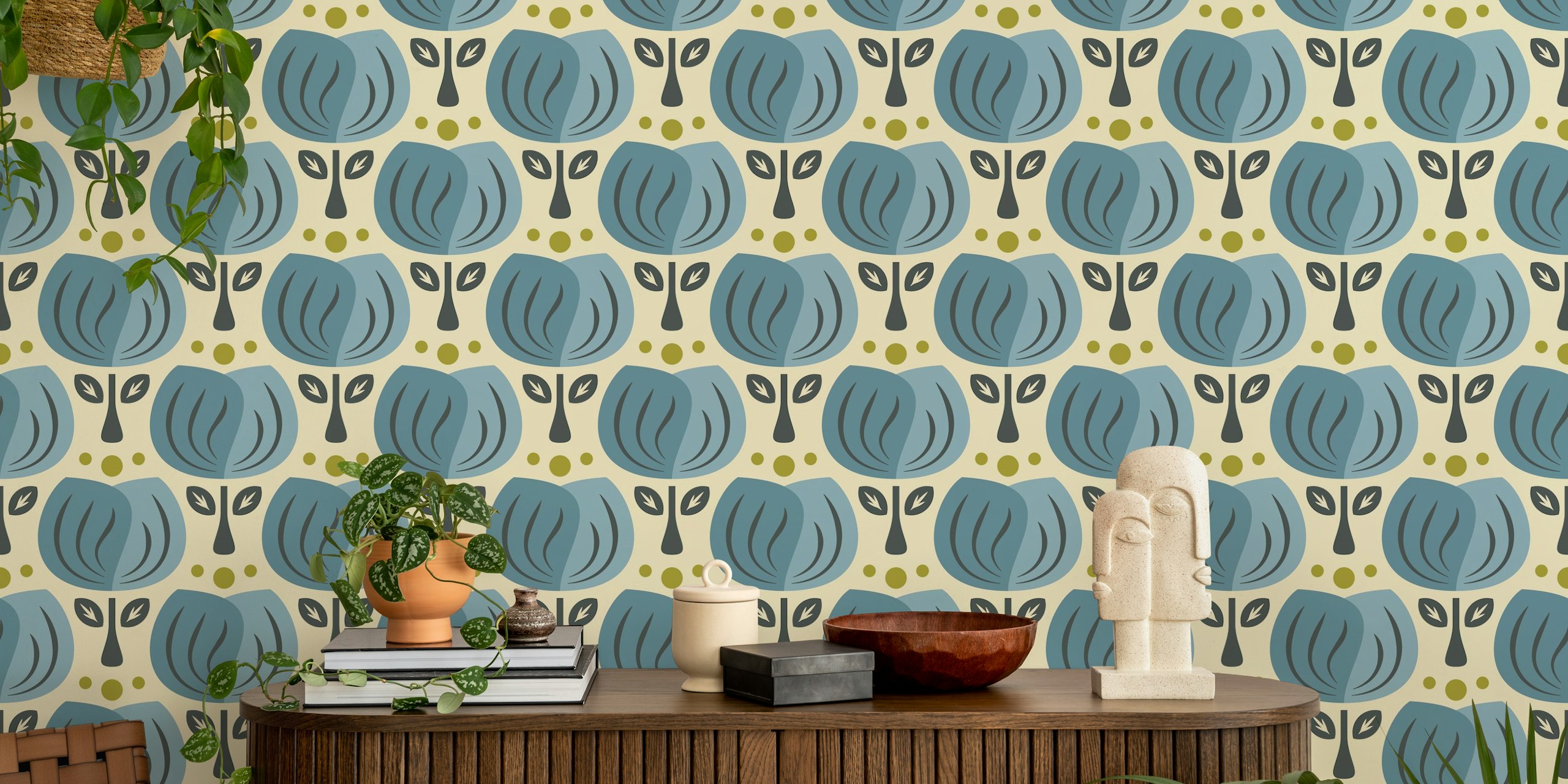 Retro Tulip Elegance in Blue tapetti huoneessa