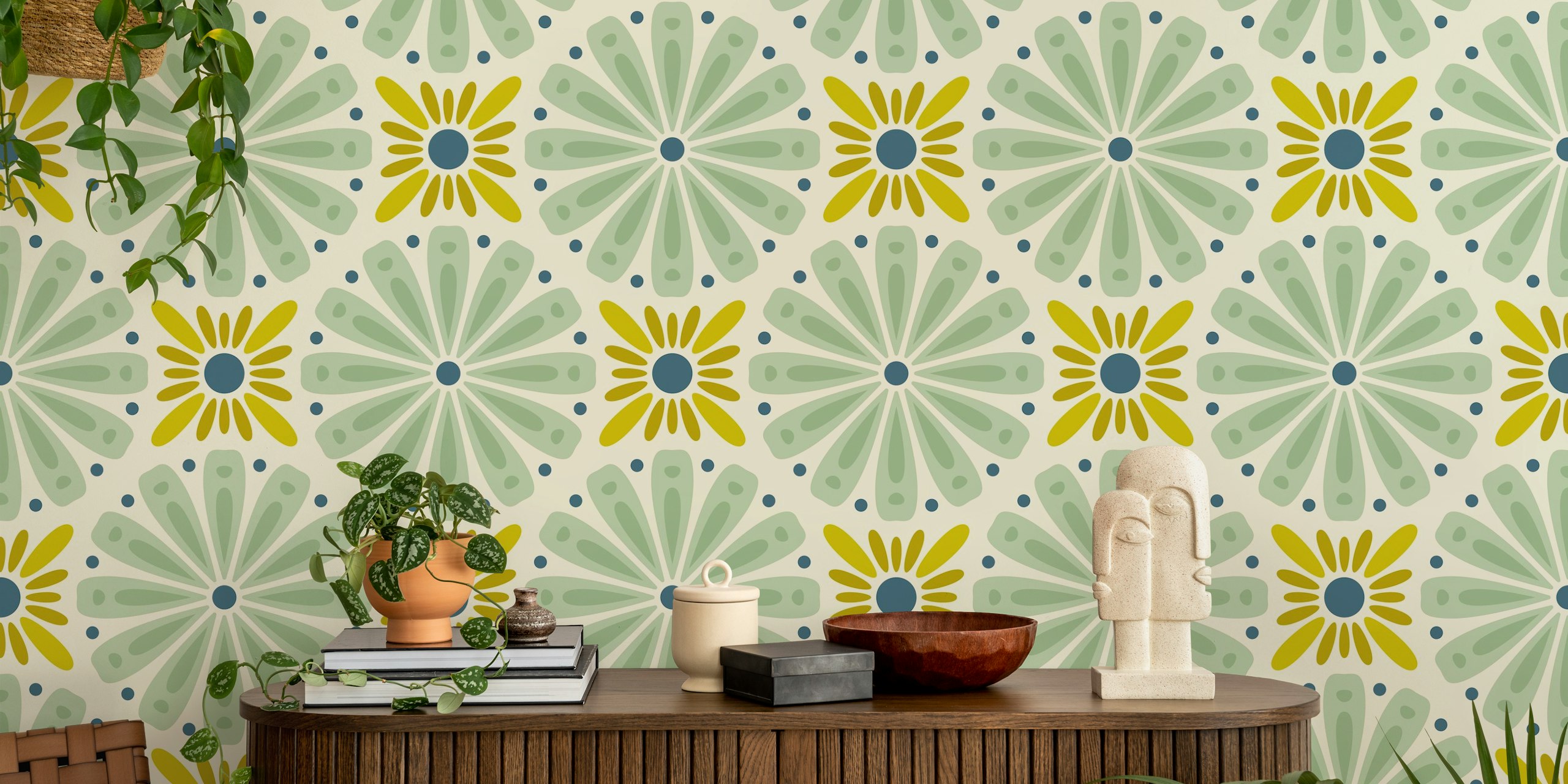 Floral pattern with green and yellow flowers on cream background wallpaper