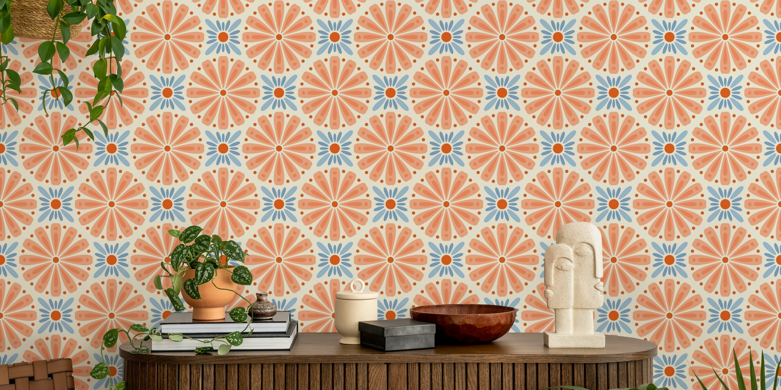Peach blue floral wallpaper design in a room