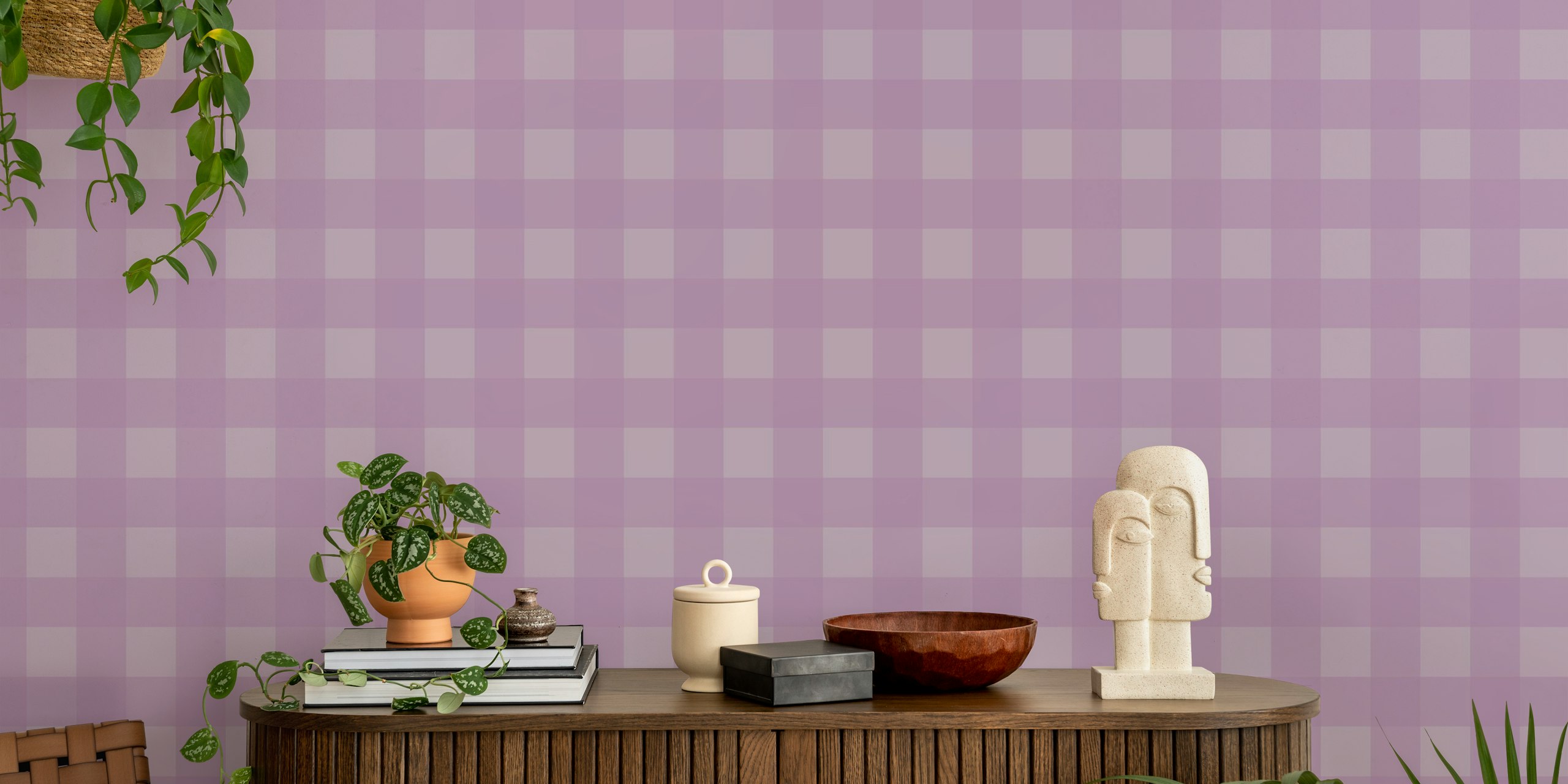 Gingham mauve on lavender wallpaper in a room