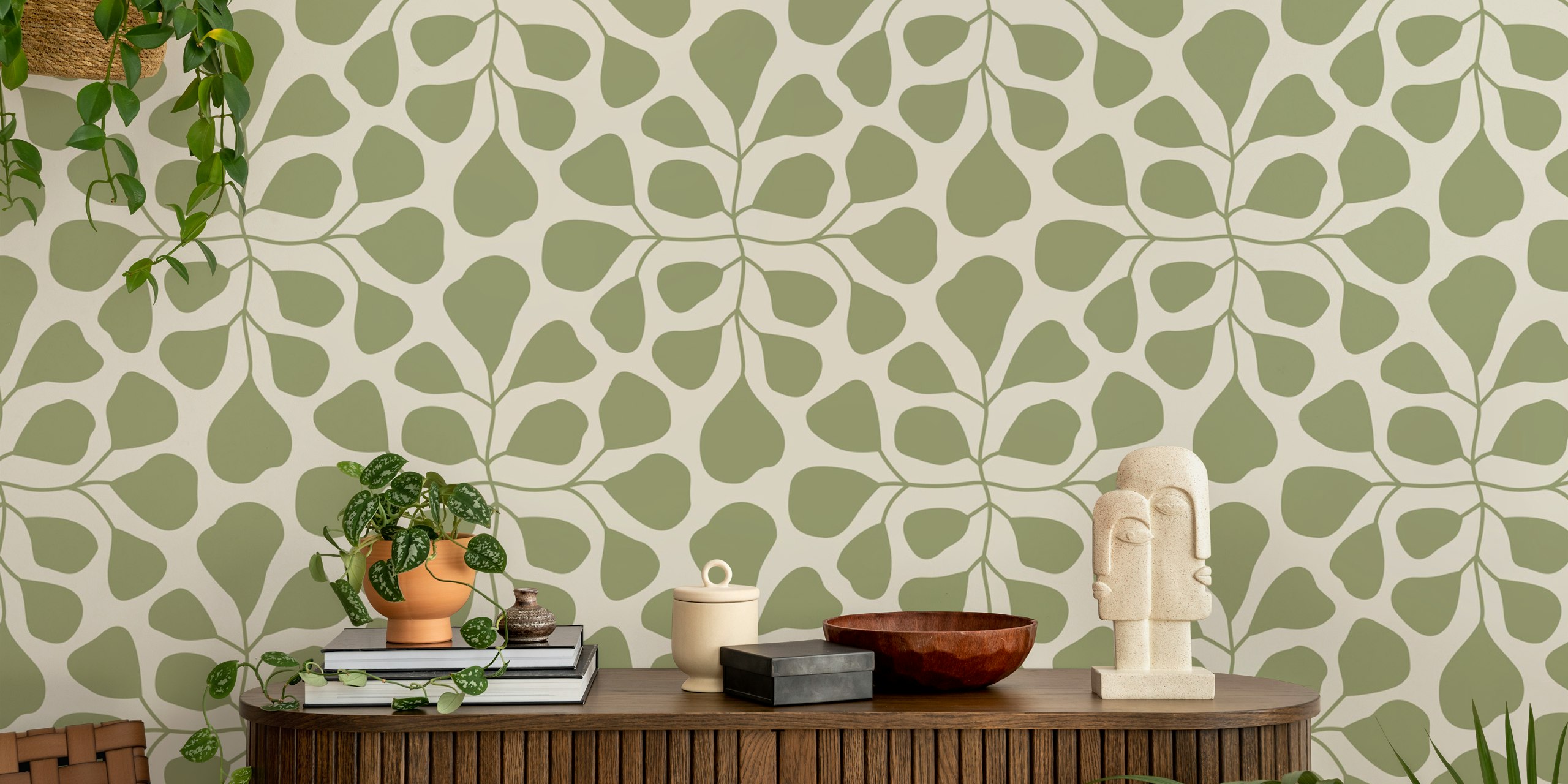 Modern leaves wallpaper in a room setting