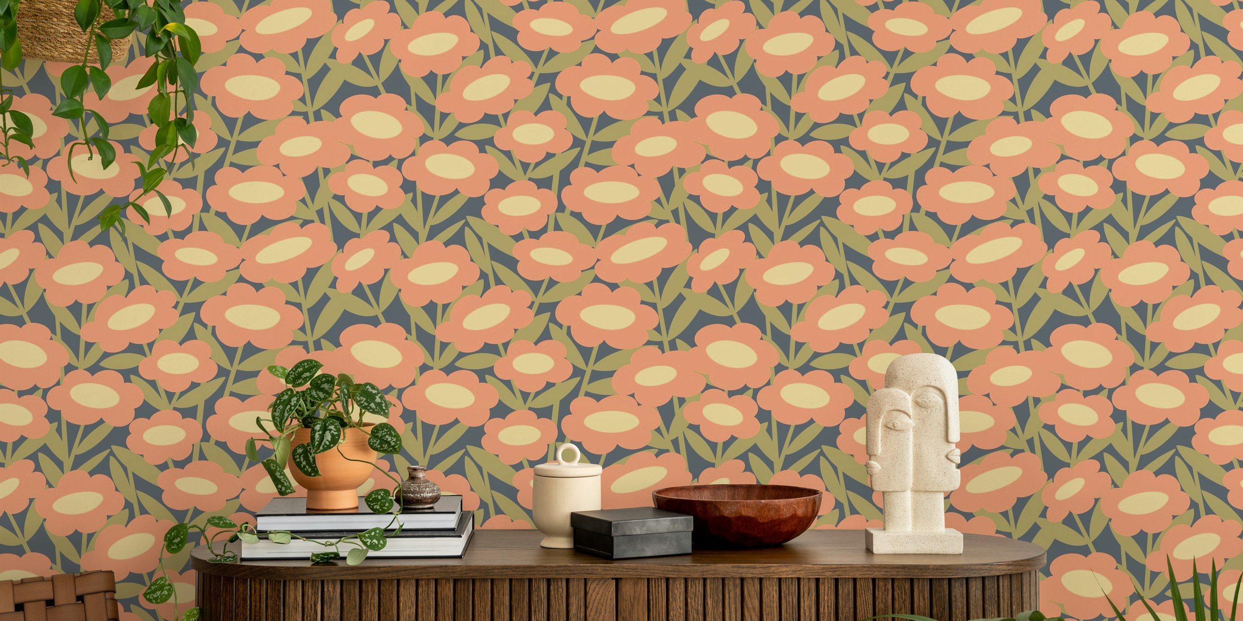 Peach floral wallpaper with green leaves on navy background