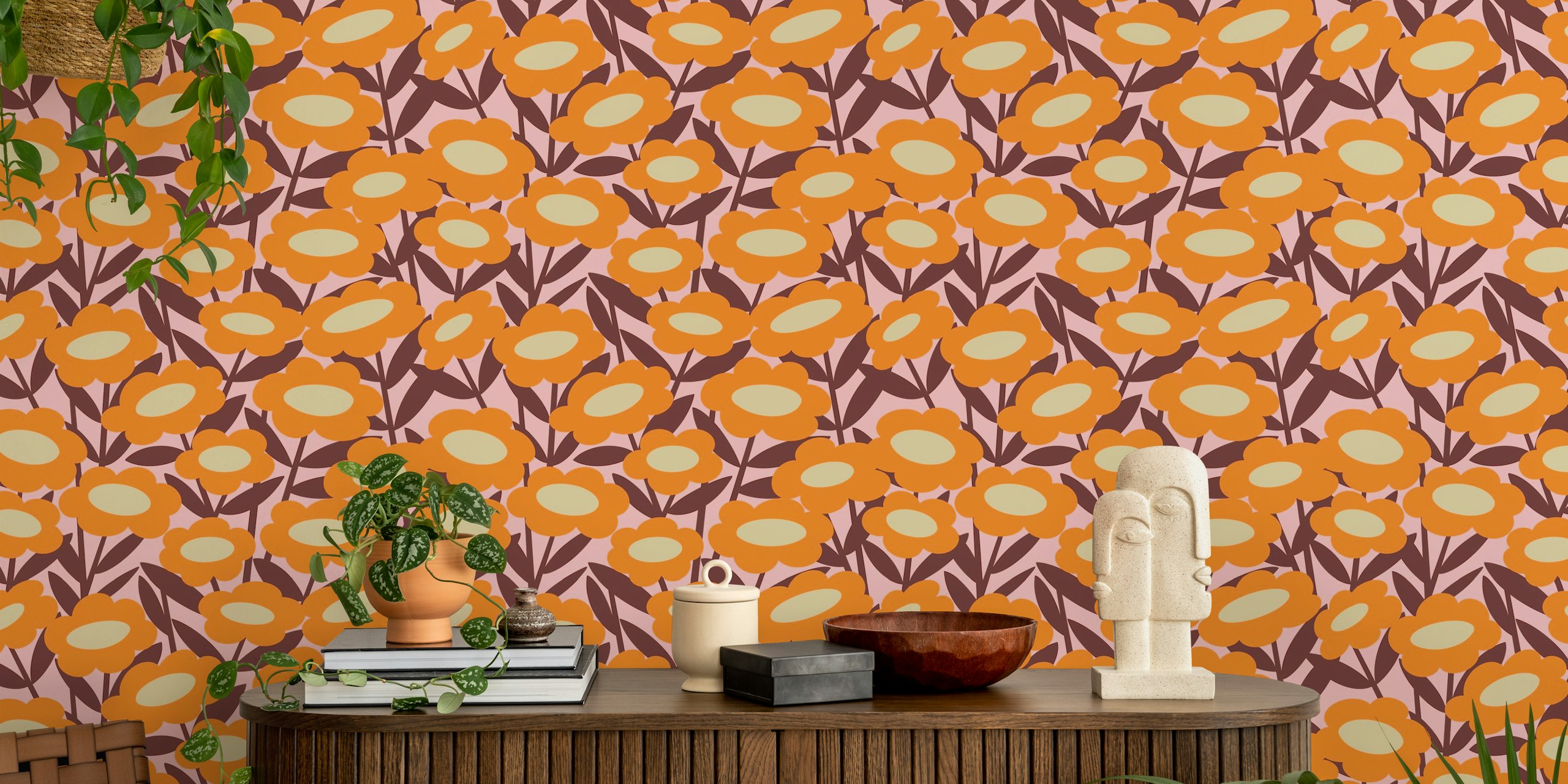 Happy Flowers in Orange tapet i et rum