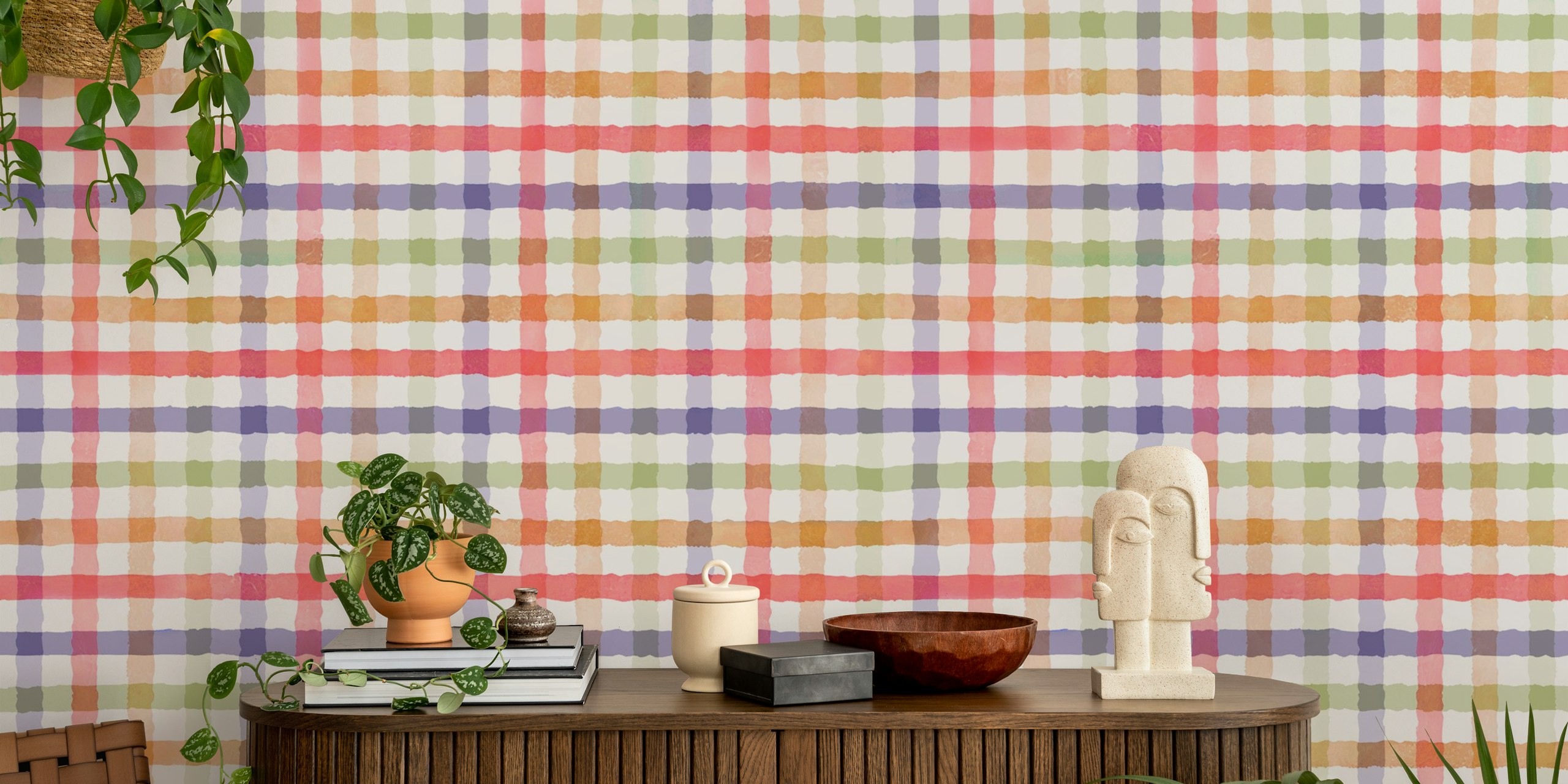 Hand-Painted Checkered Rainbow Plaid papel de parede