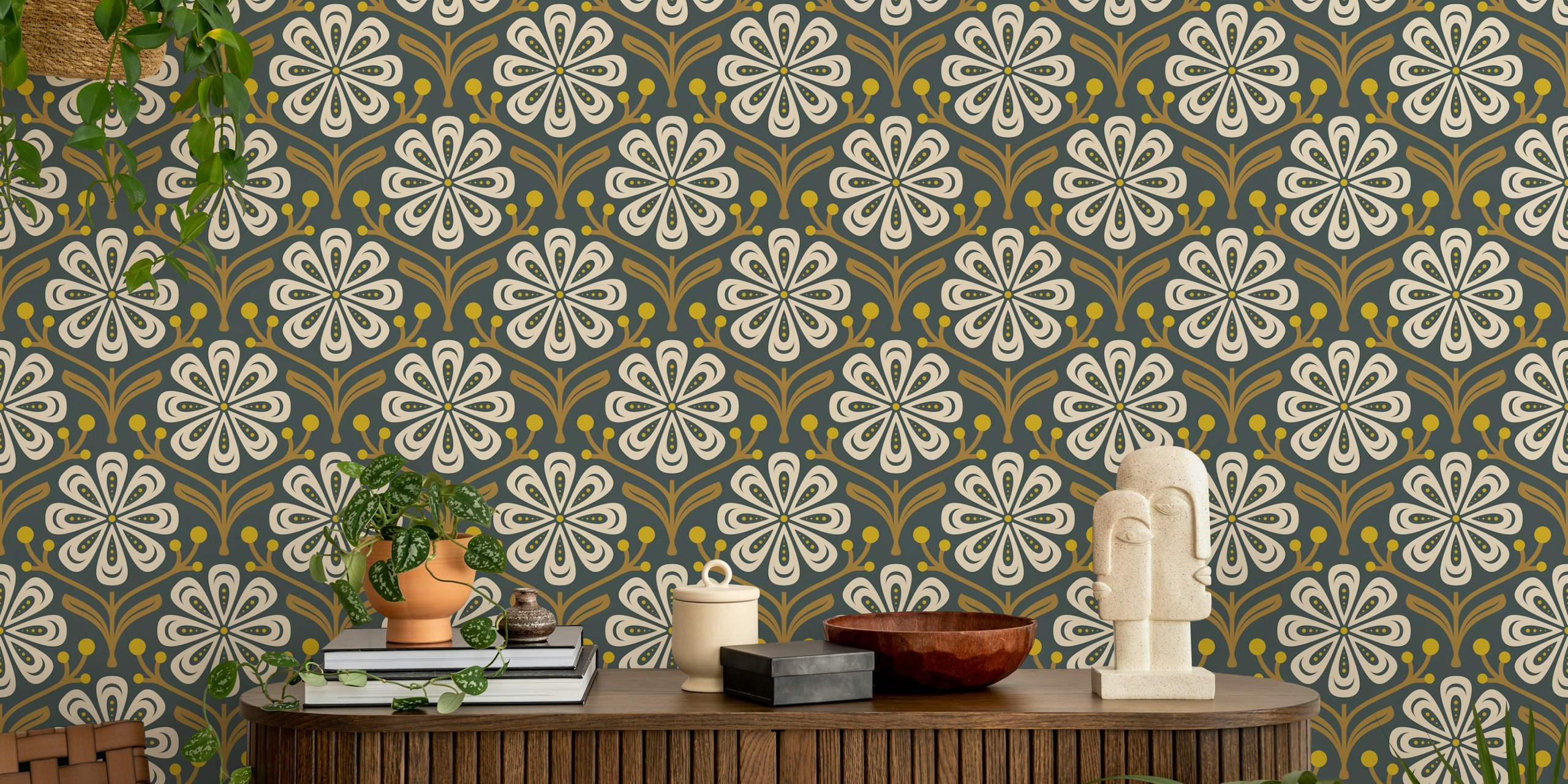 Elegant Daisy Flair in Brown wallpaper in a room