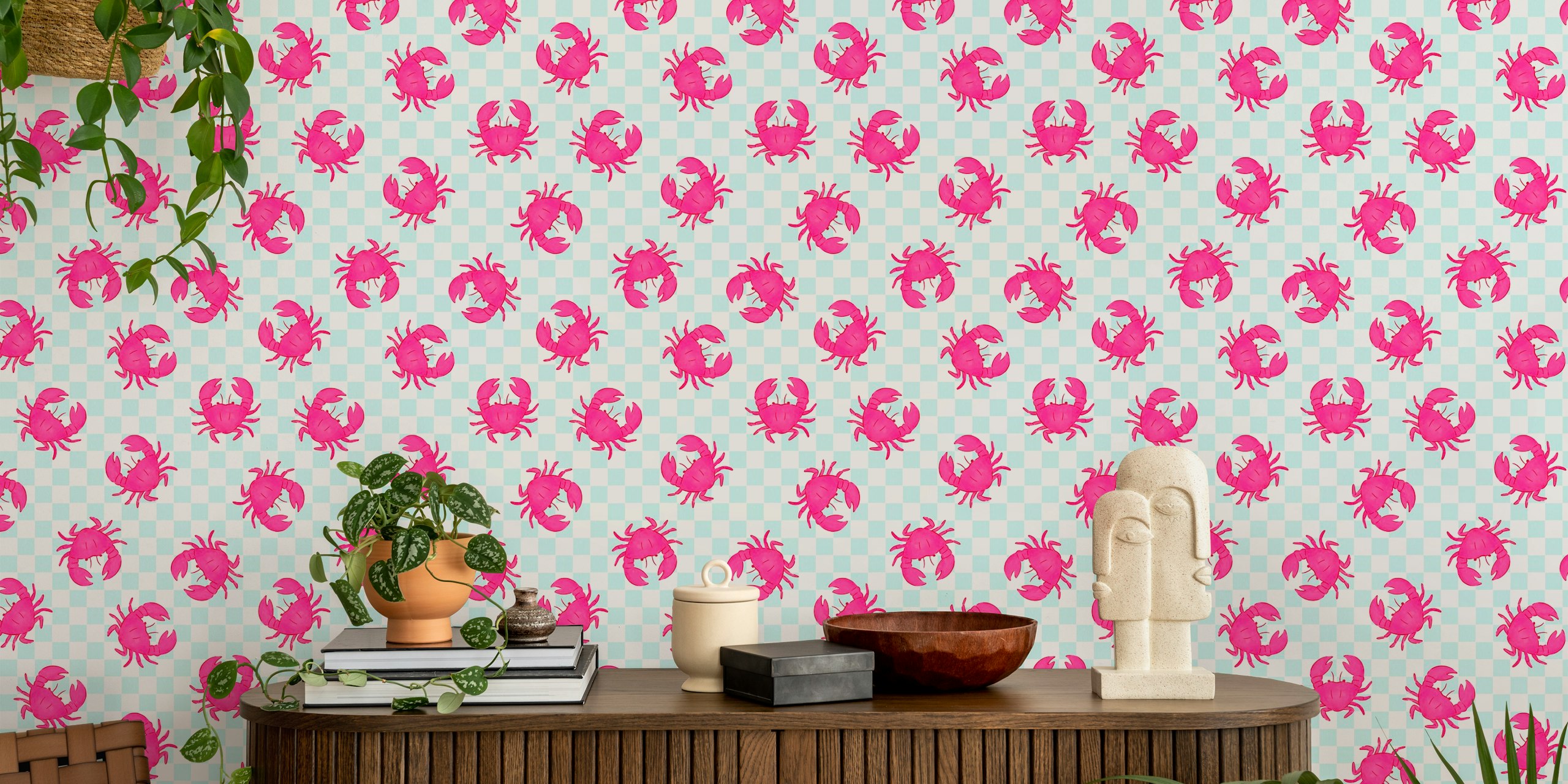 Pink crabs on aqua checkered background wallpaper