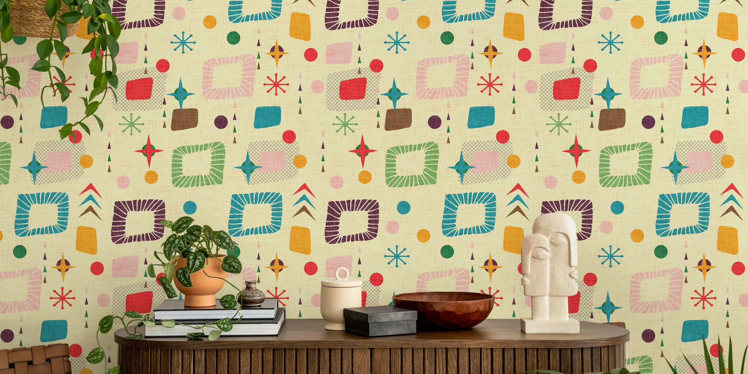 Colorful geometric shapes with vibrant colors on beige wallpaper