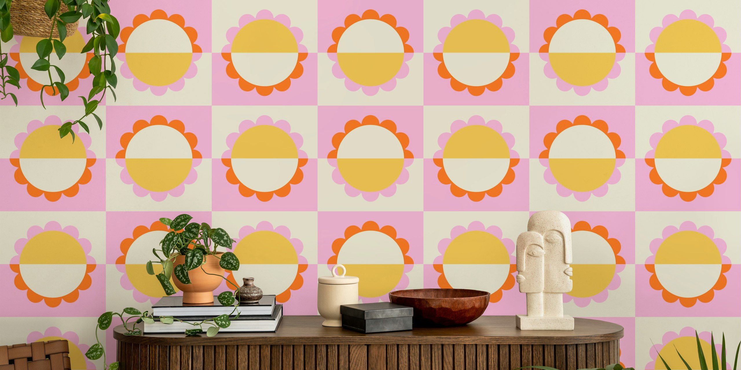 Geometric Sunset Flower Tapete in einem Raum