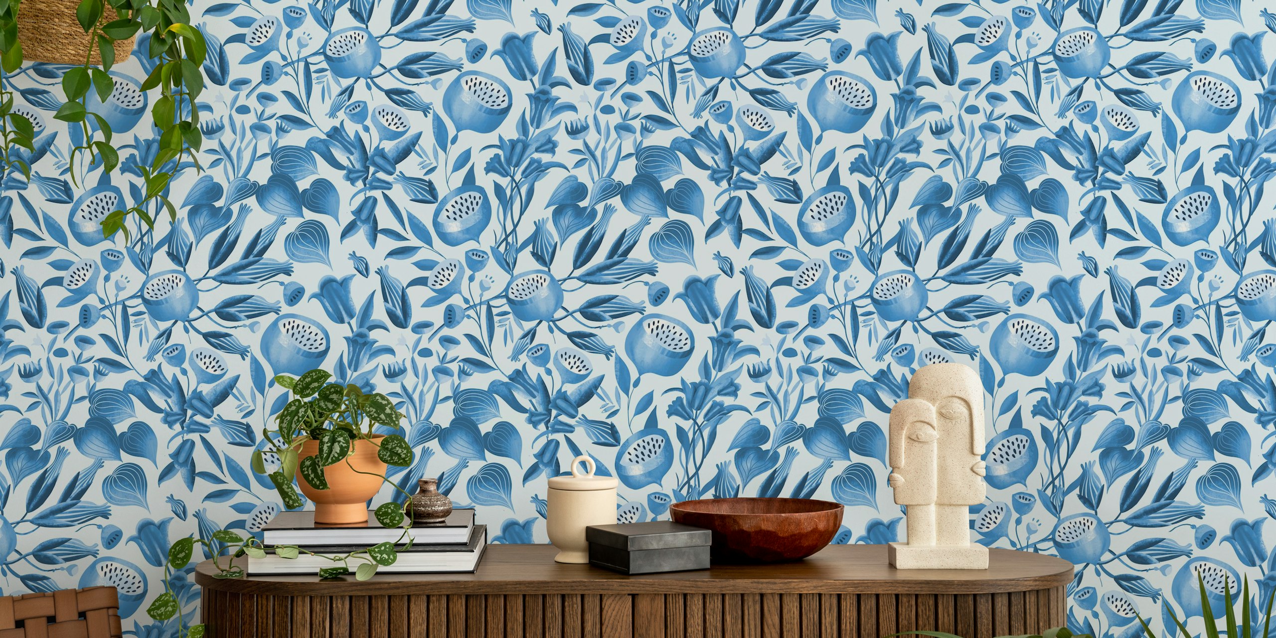 Papel de parede Porcelain blue garden foliage em um quarto