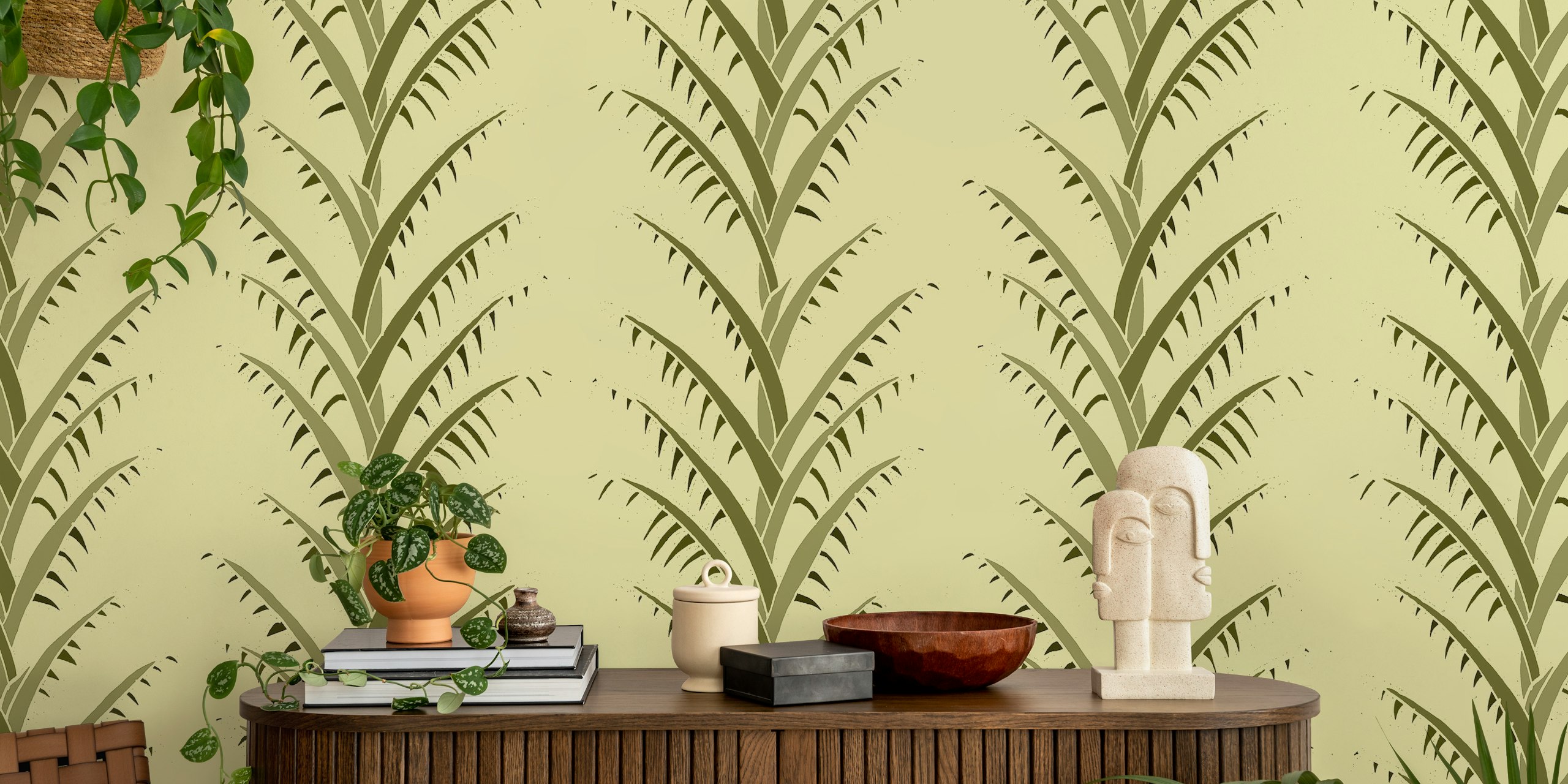 Olive Green Simple Palm Leaves Tapete in einem Raum