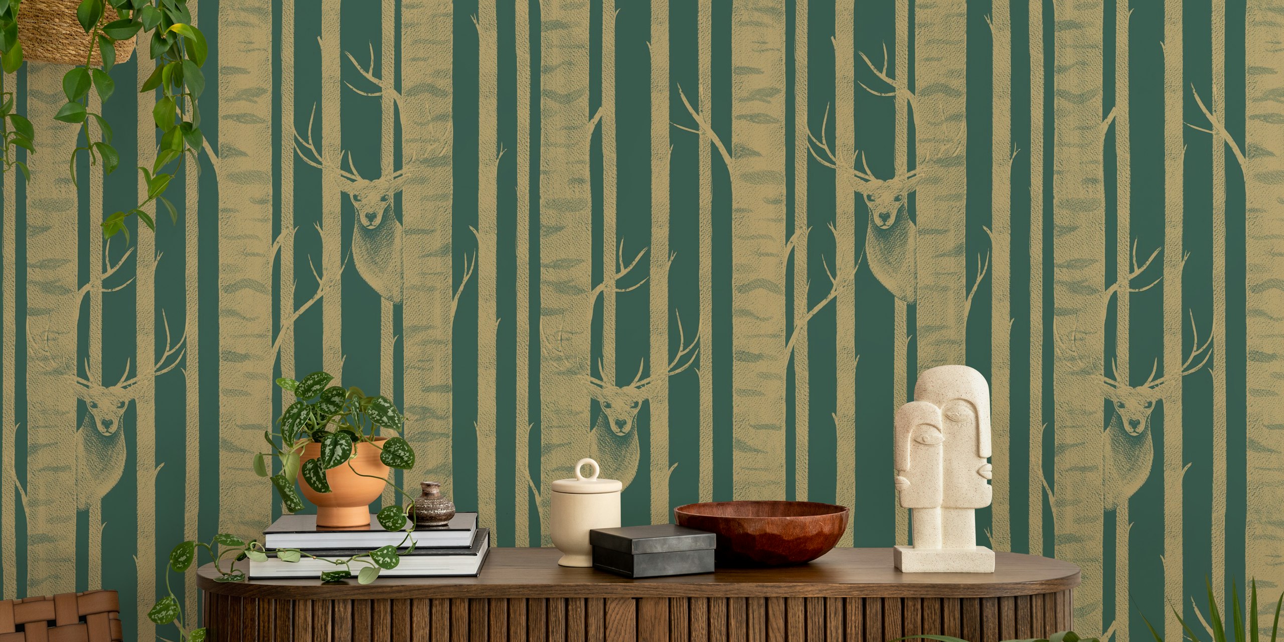 Deer in the Trees Dark Green wallpaper in room