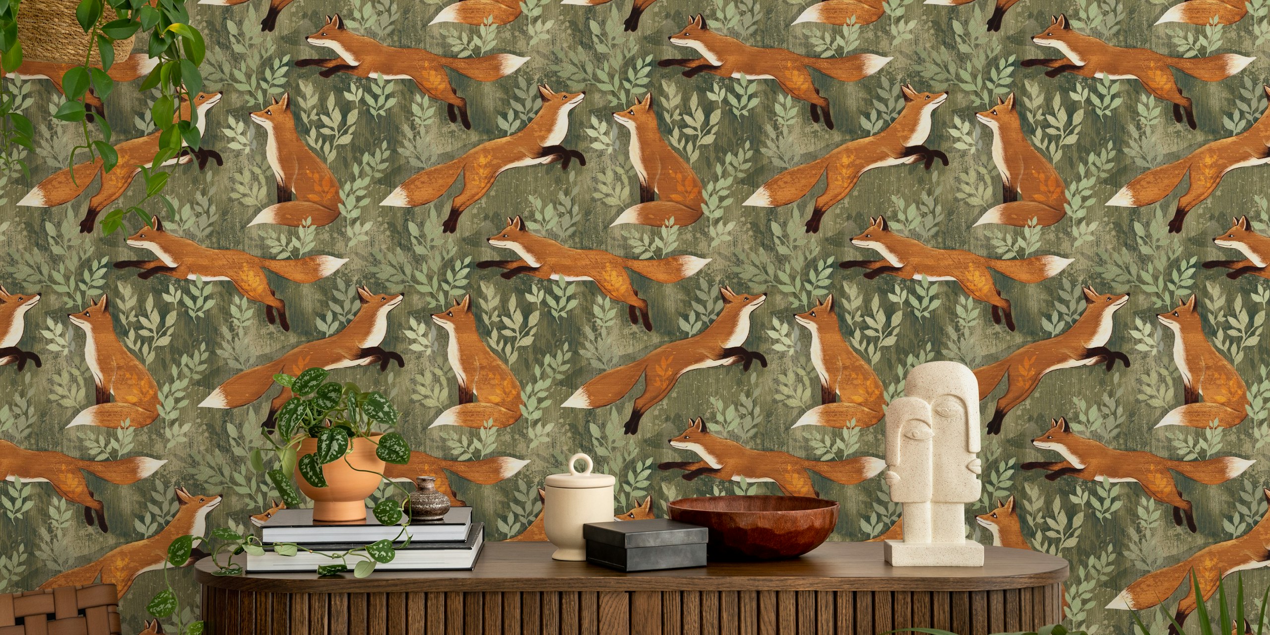 Playful fox wallpaper design in a room