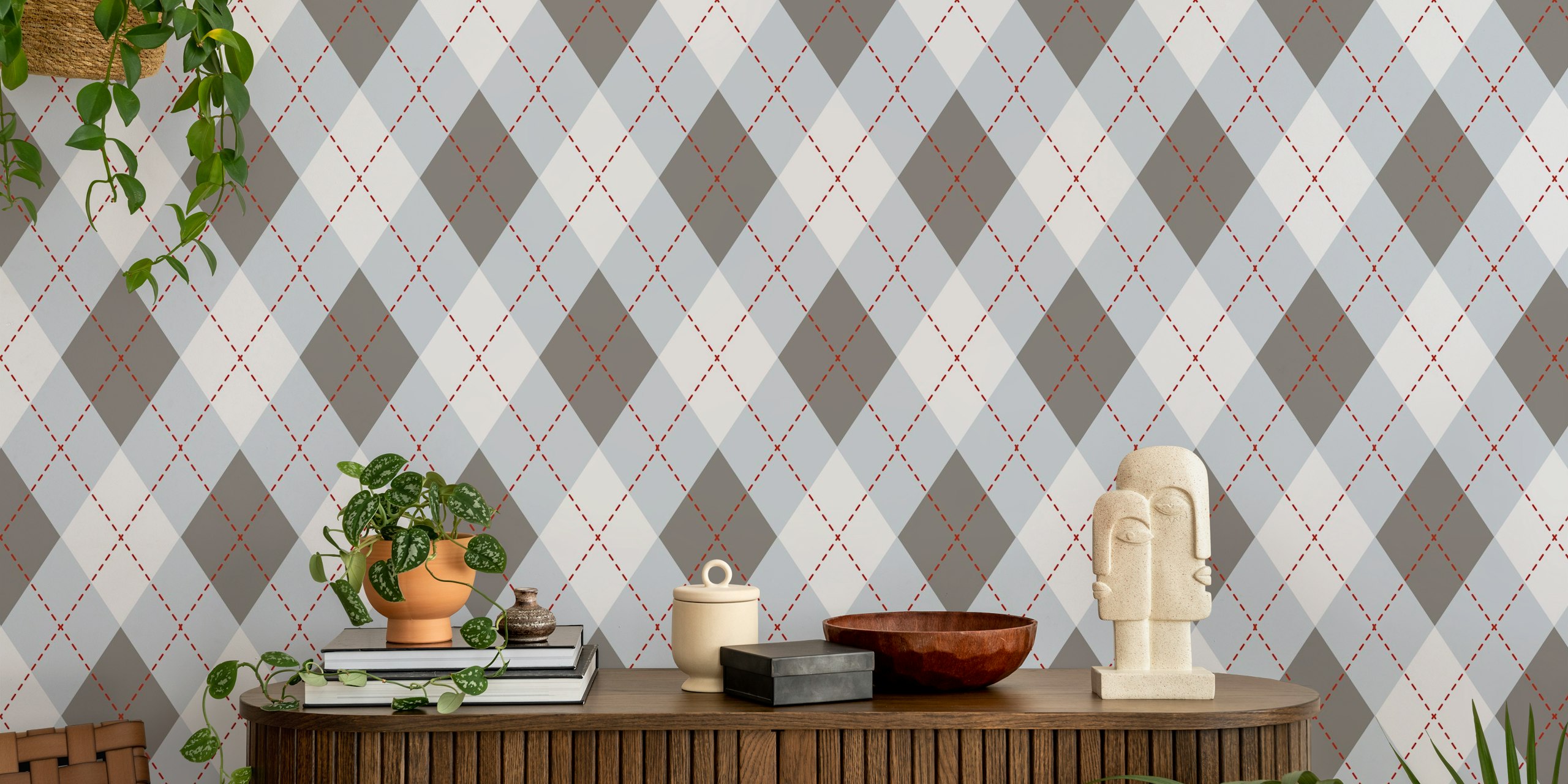 Gray and light blue argyle pattern wallpaper