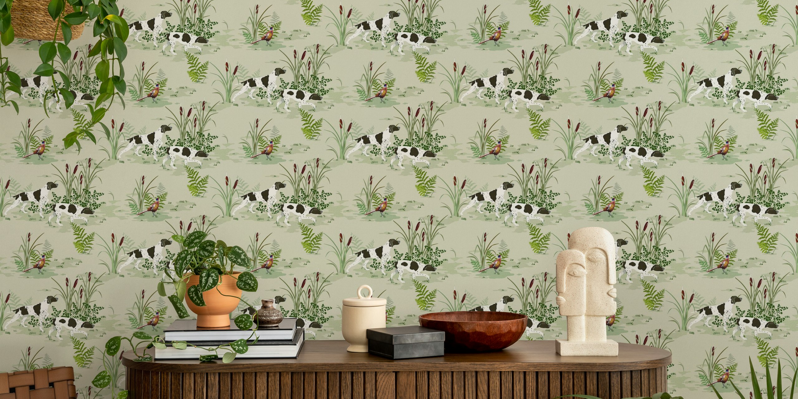 Vintage hunting dog scene wallpaper in a room