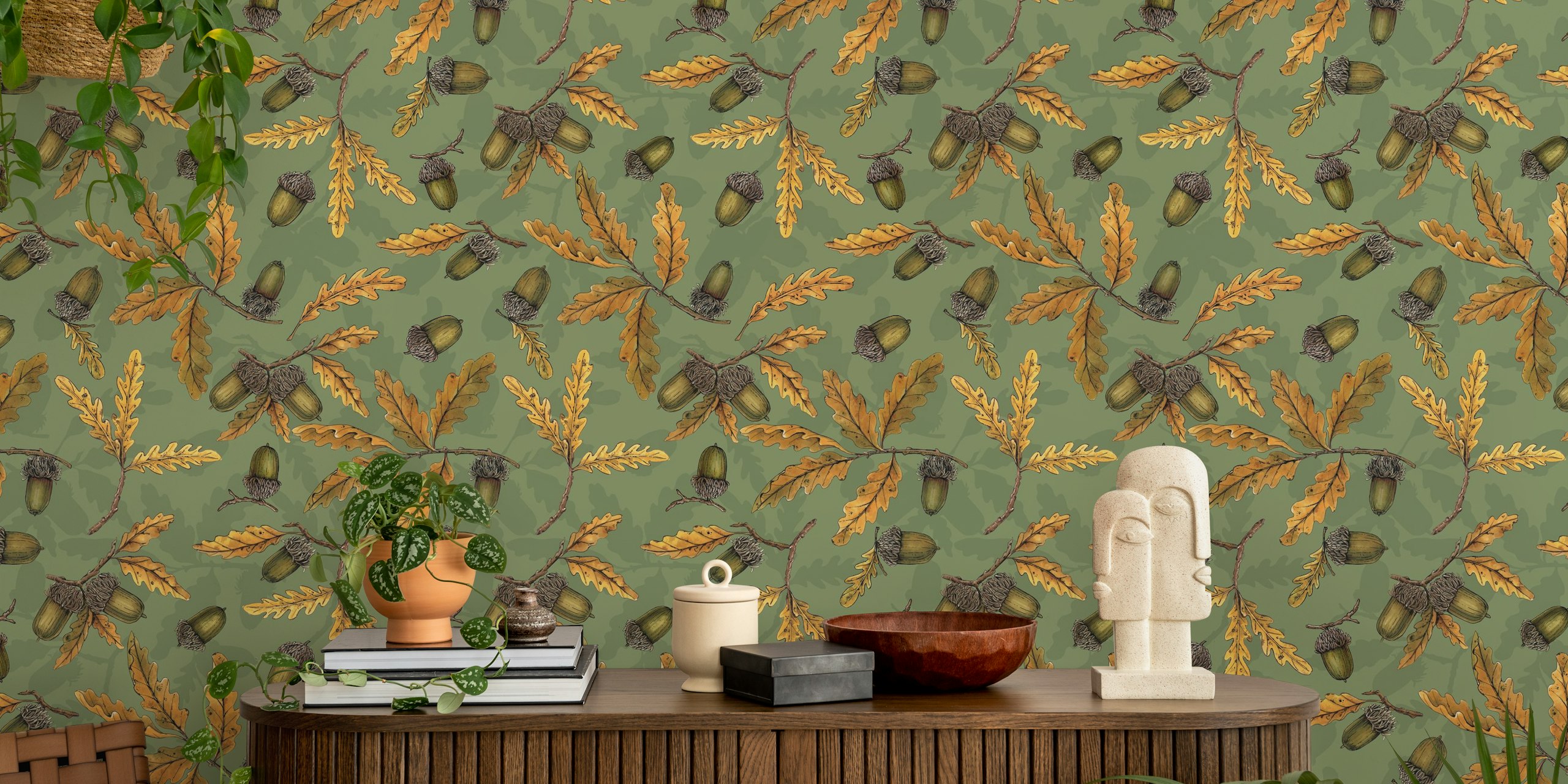 Acorns and oak leaves wallpaper design on green