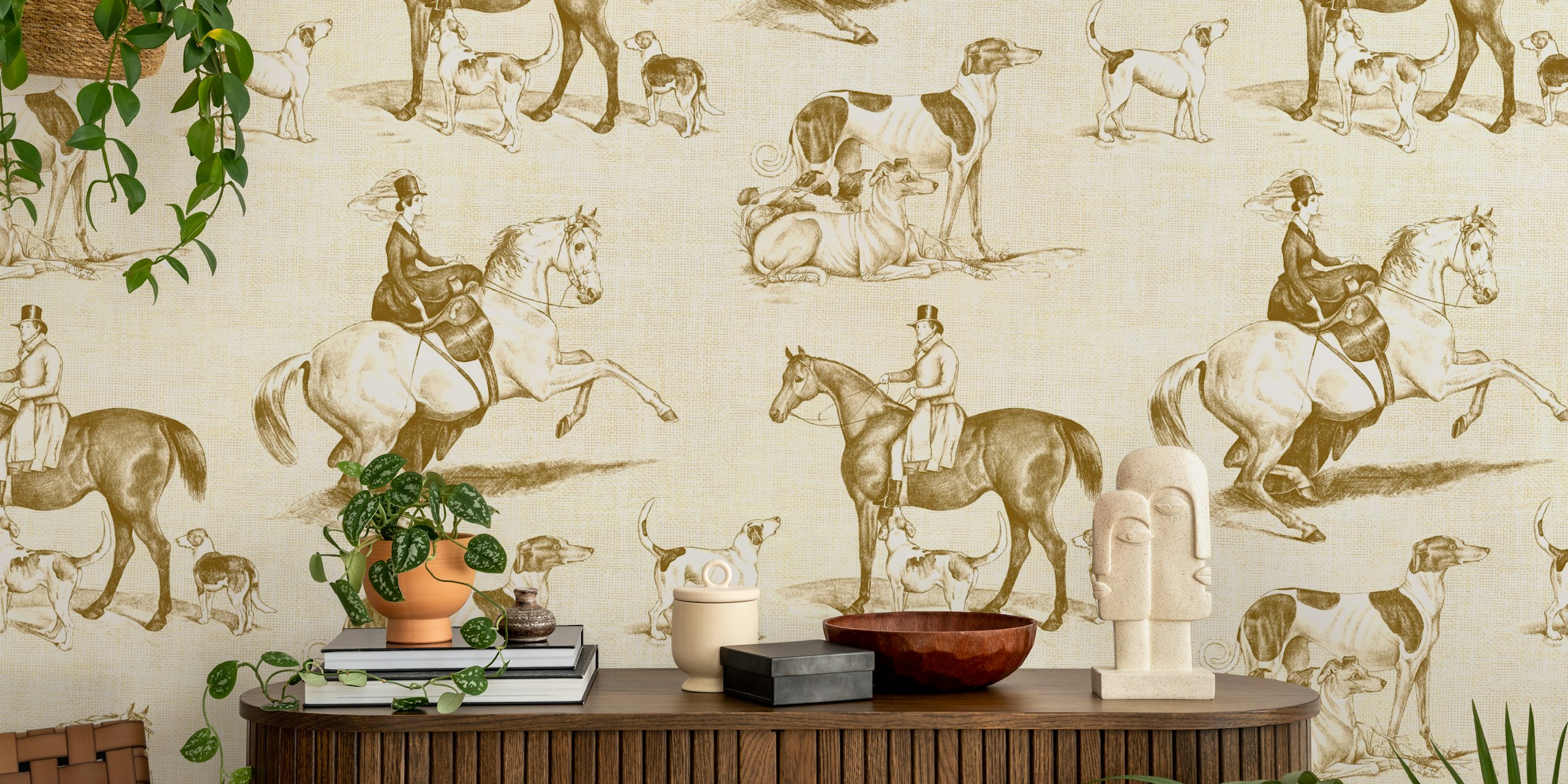 Vintage equestrian scene with horses and dogs in goldenrod wallpaper