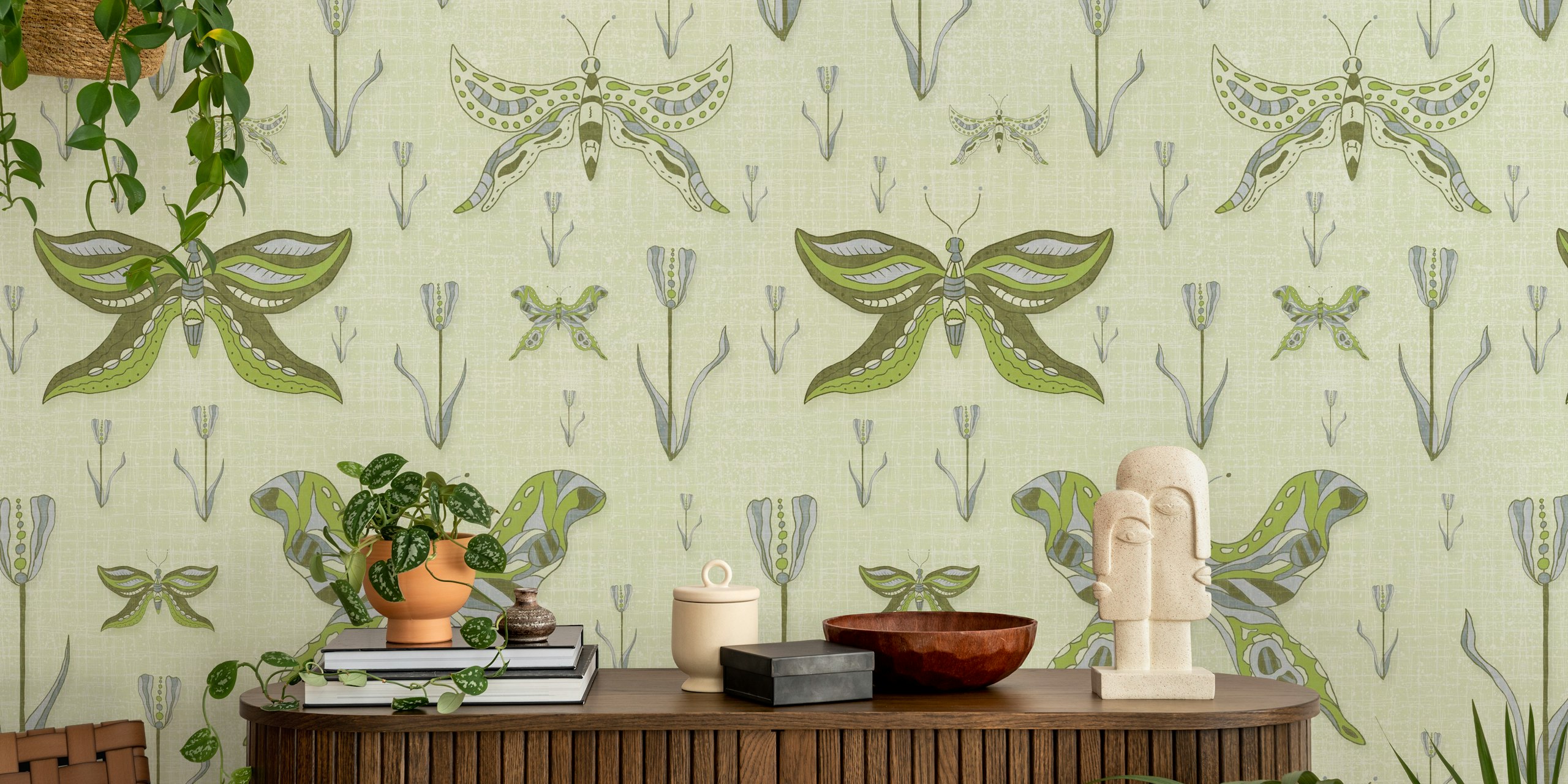Forest Green Bountiful Butterflies Garden diseño de papel tapiz