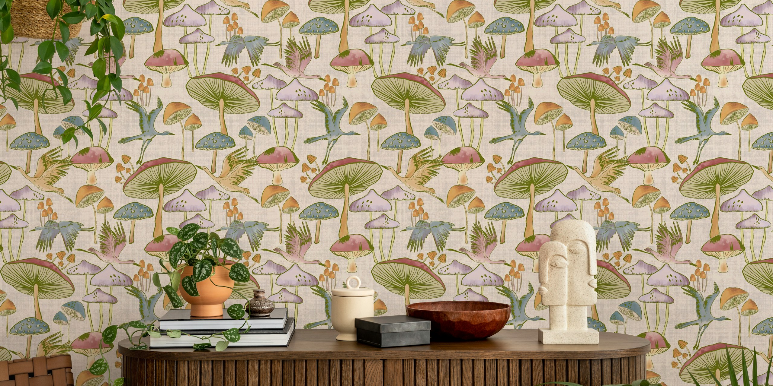 Wallpaper with flying cranes and mushrooms