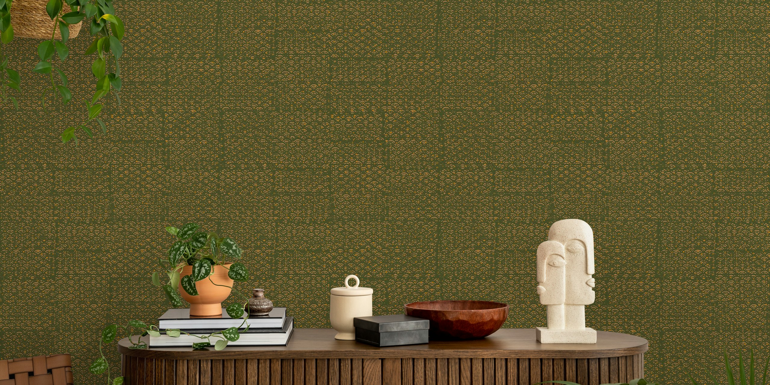 Papel tapiz Rustic Japandi Wave Block Printed en una habitación