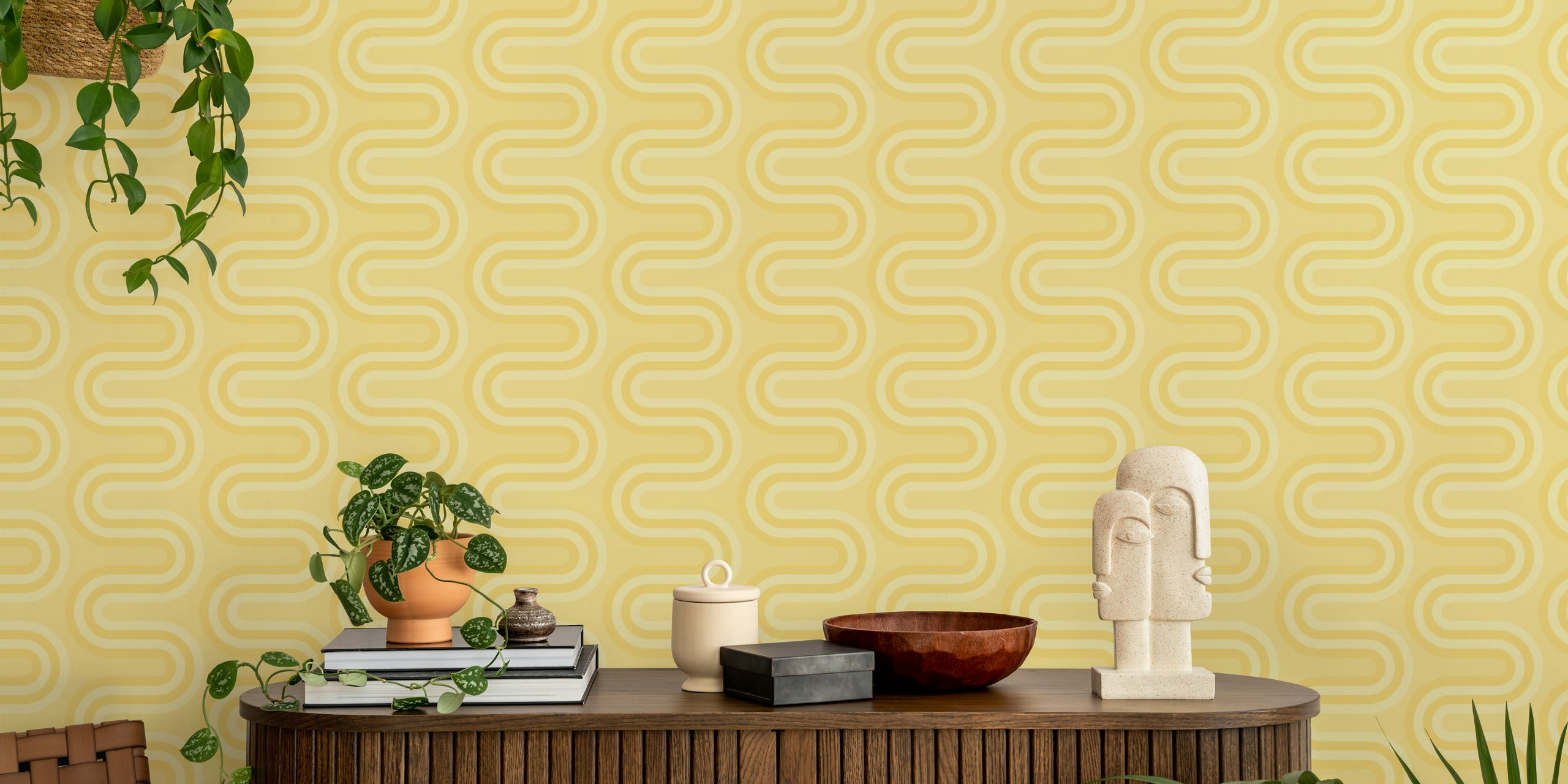 Zig-Zag Curved Stripes wallpaper in yellow room