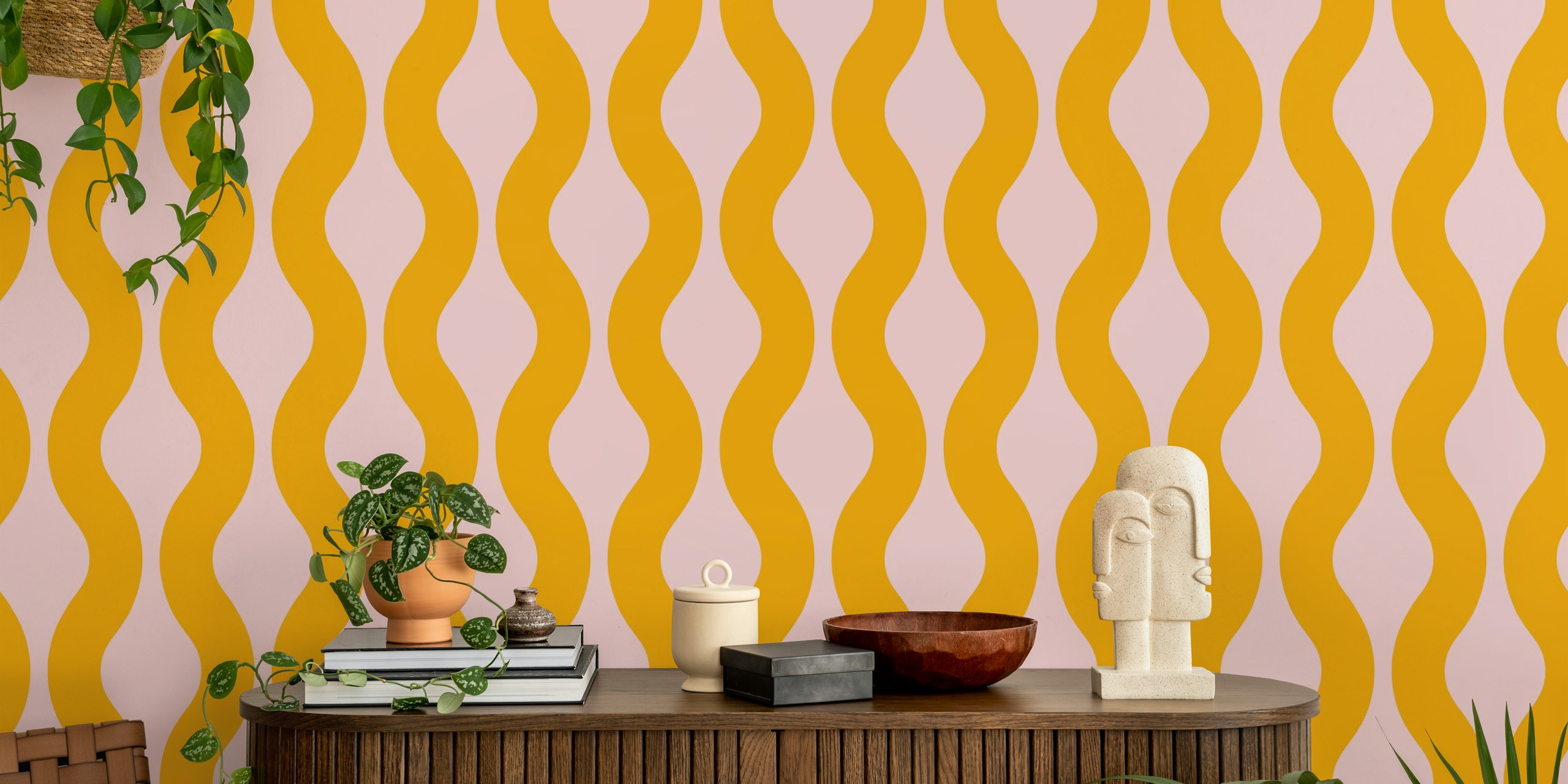 Carta da parati Pink and Yellow Modern Waves in una stanza