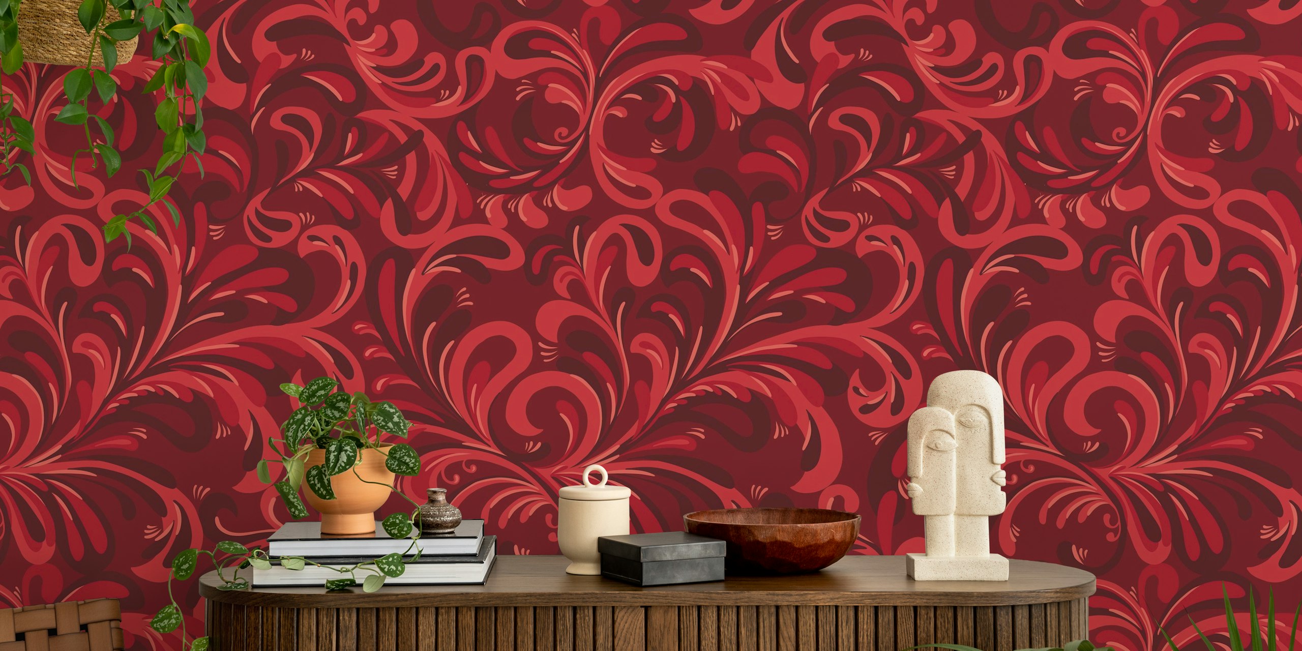 Bohemian jewel flourish rubin red behang in een kamer
