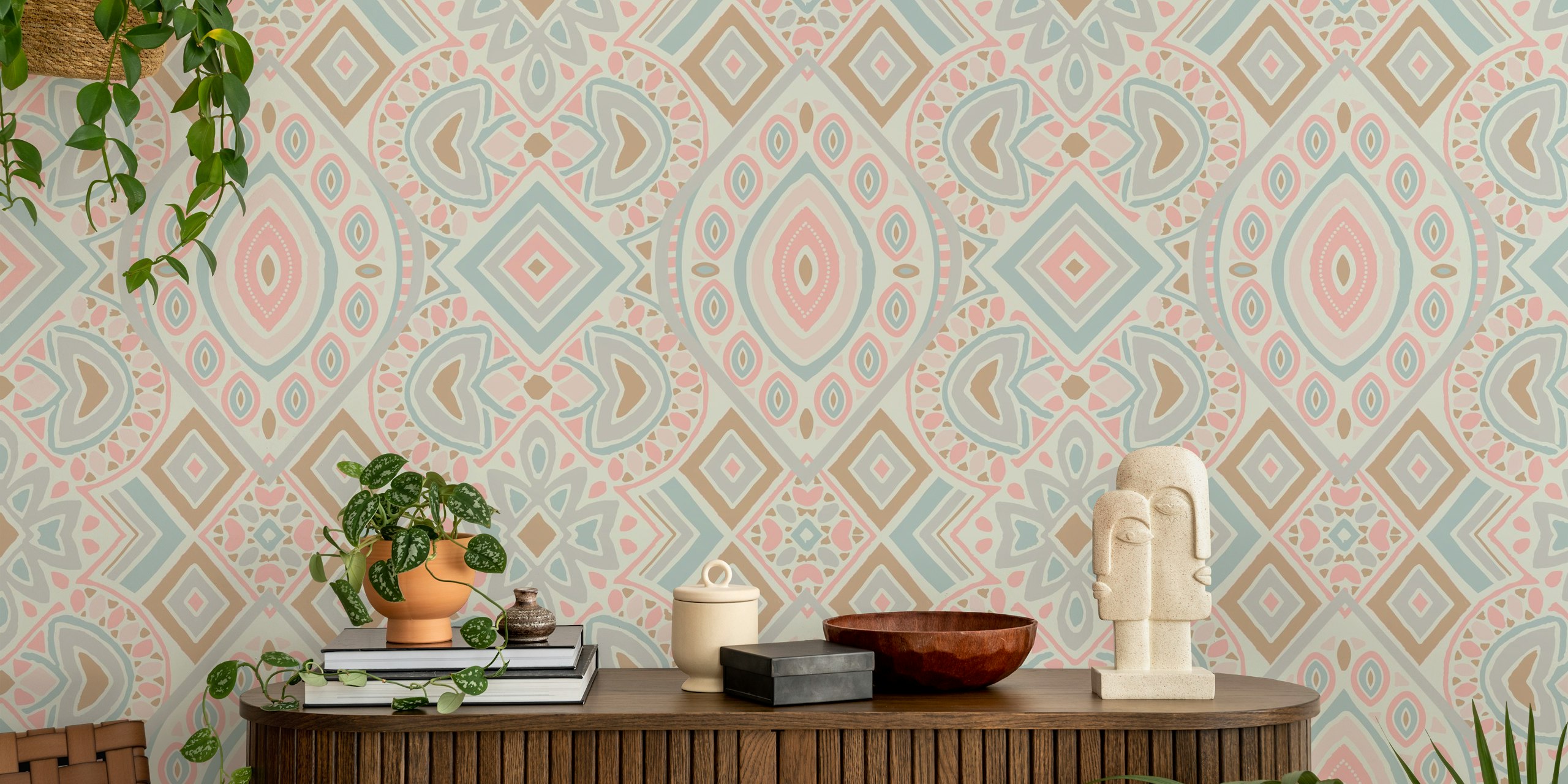 Boho Aztec pattern in pastel pink and blue colors wallpaper