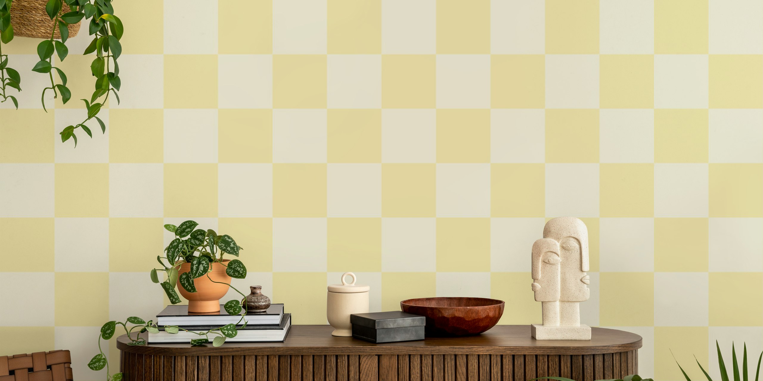 Monochrome Butter Yellows Checkerboard wallpaper in a room