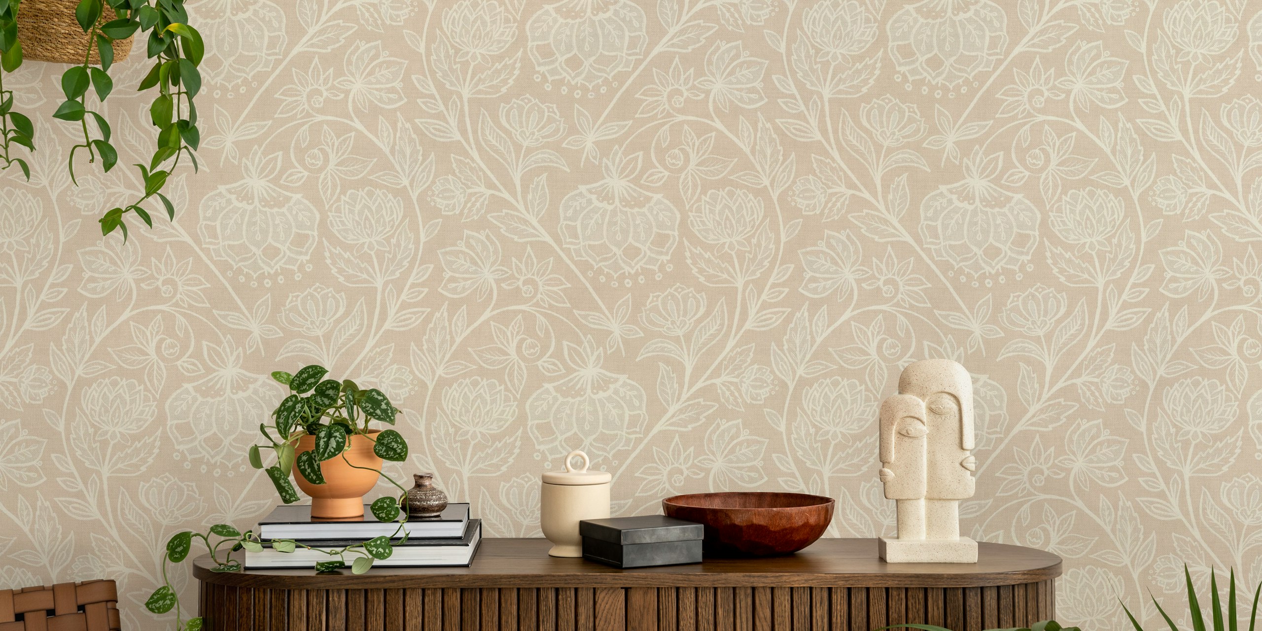 Floral pattern in neutral tan and cream tones wallpaper