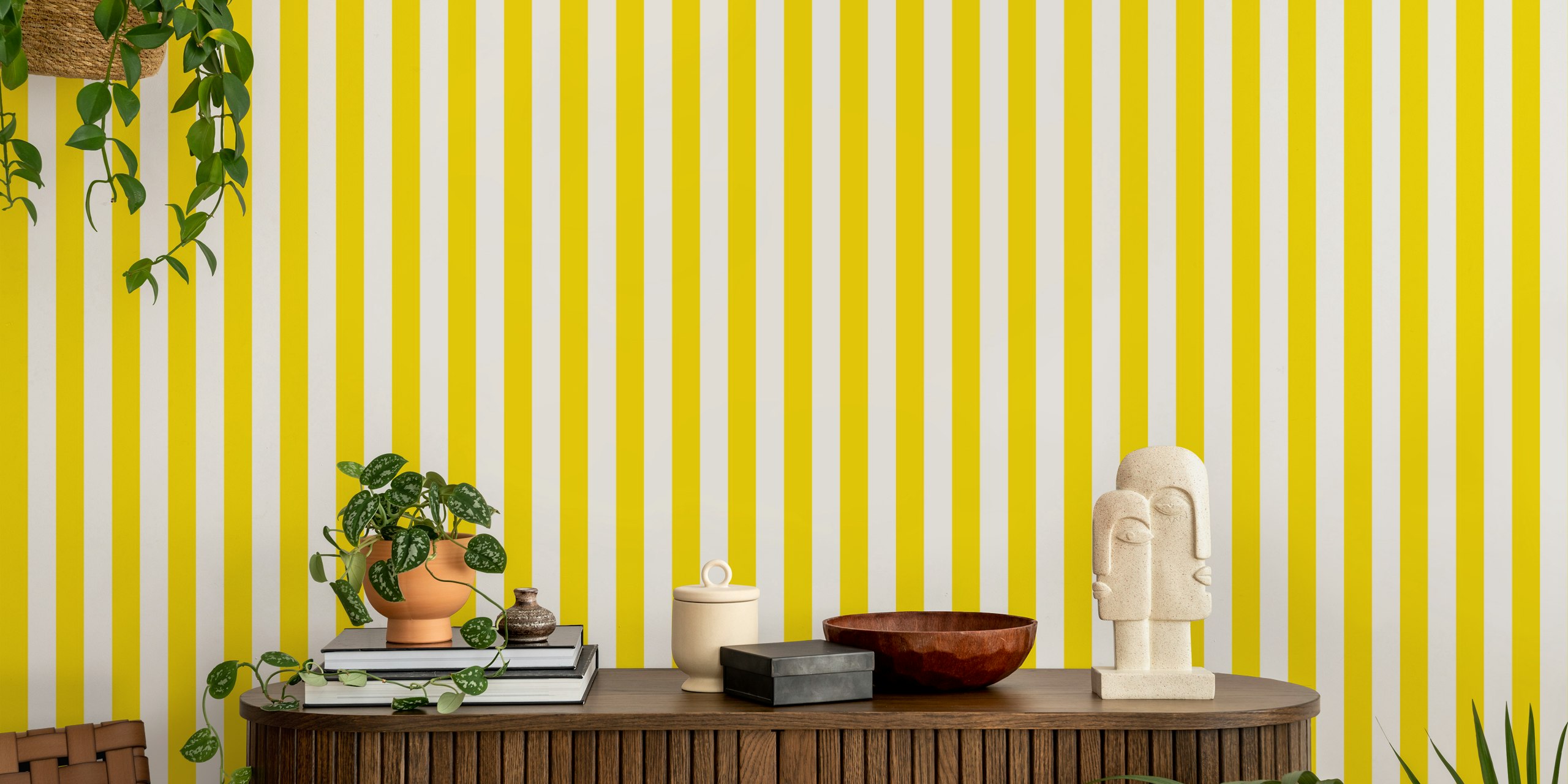 Bright yellow and white vertical striped wallpaper
