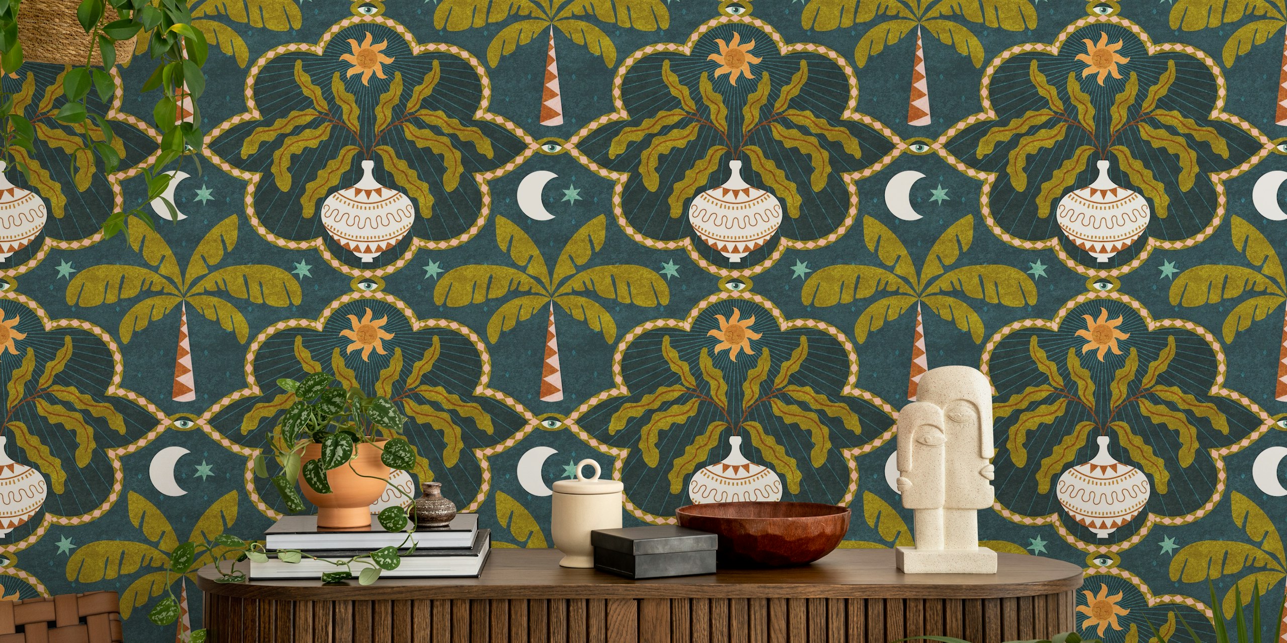 Dark Boho Celestial Moon Palm Tile wallpaper