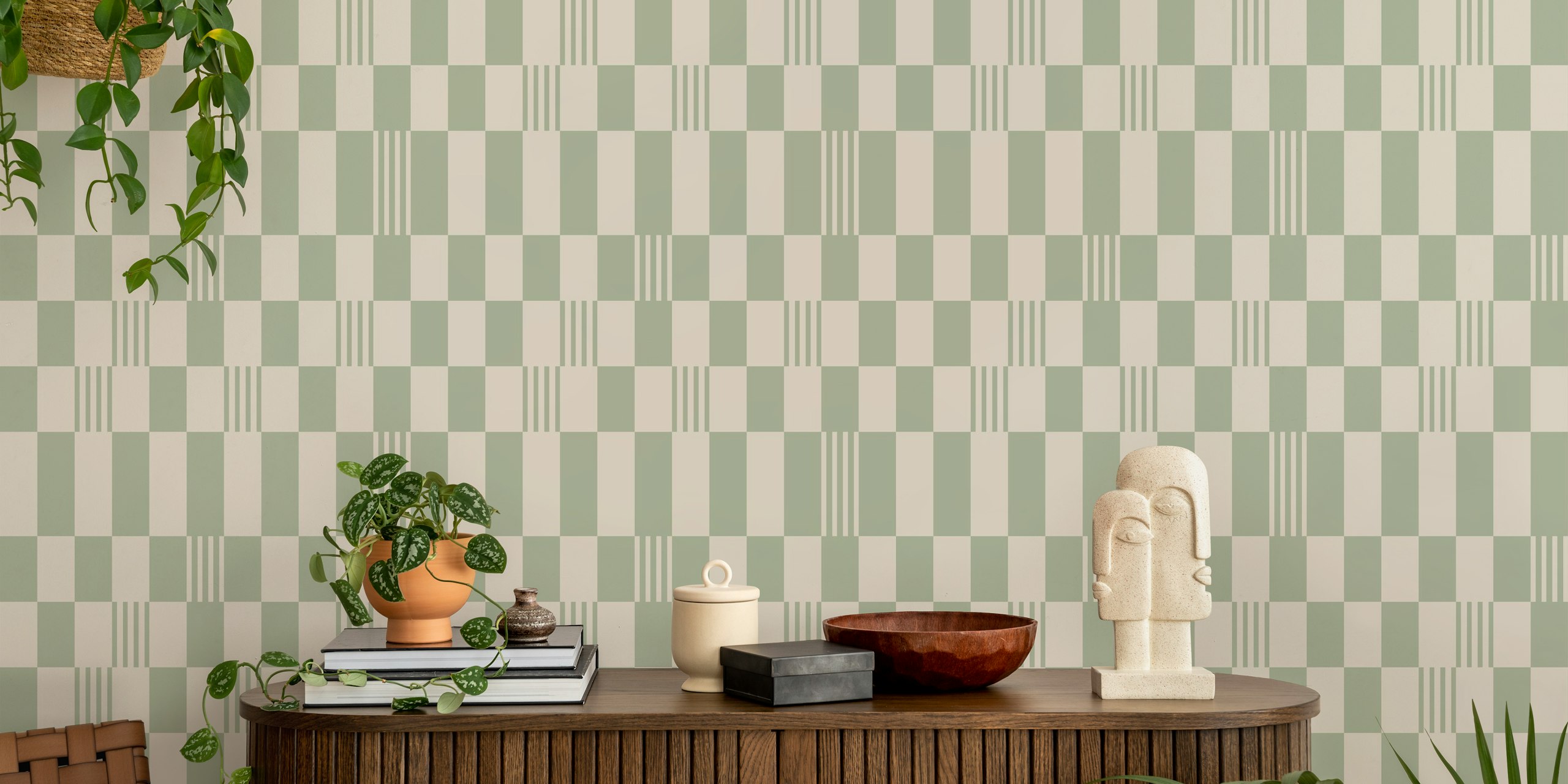 Sage green and cream checkered pattern wallpaper