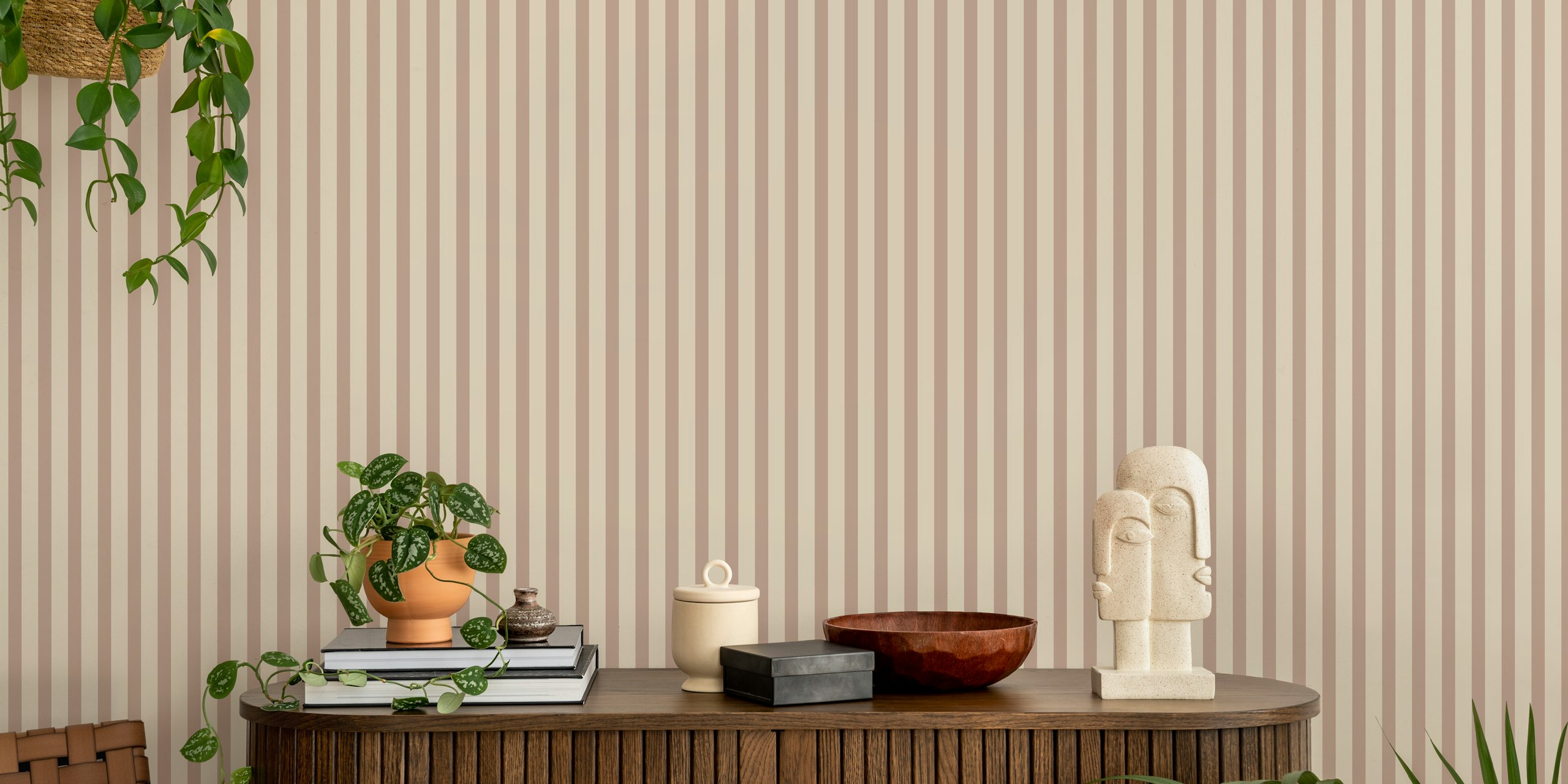 Classic thin stripes dark beige wallpaper in a room