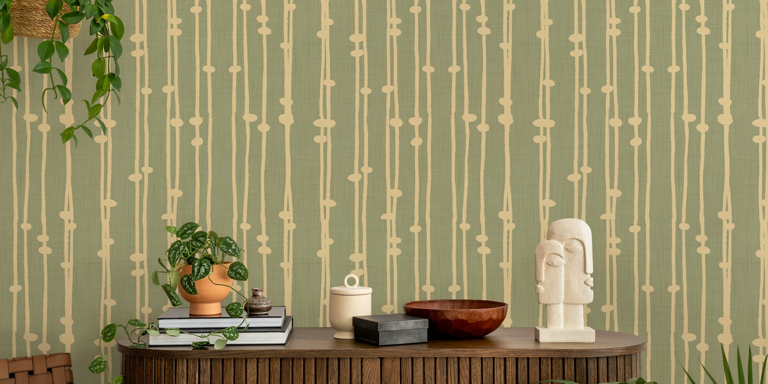 Boho striped wallpaper in green and cream colors with a textured design