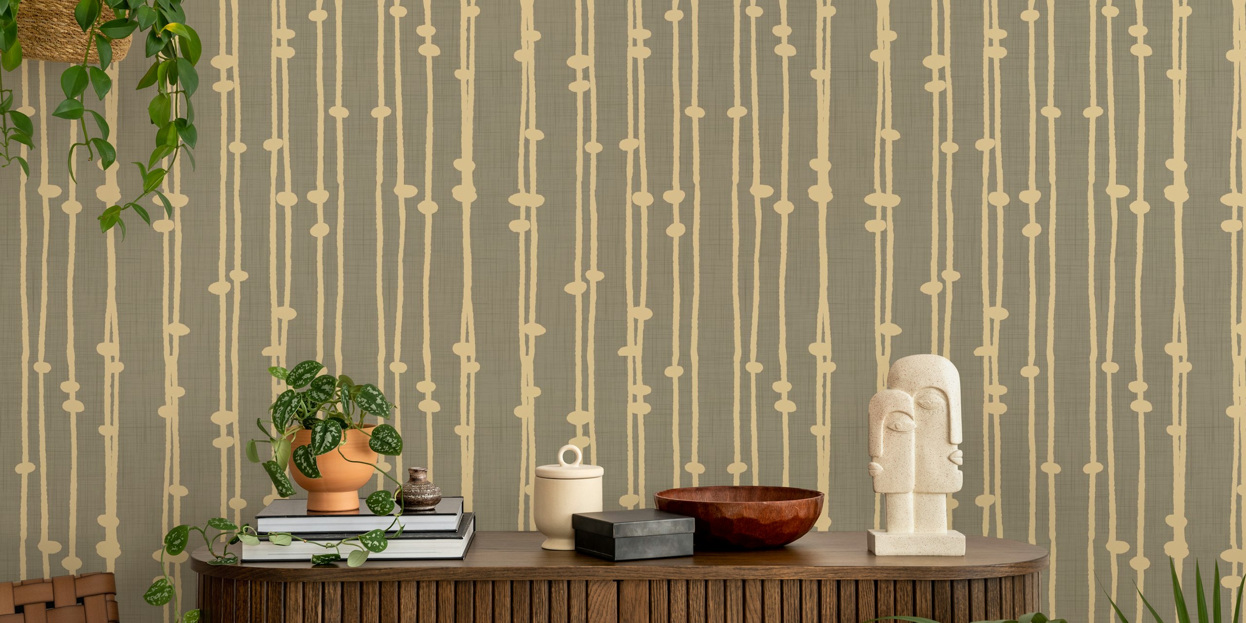 Boho Jewel Tone Stripes Retro Taupe wallpaper in a room