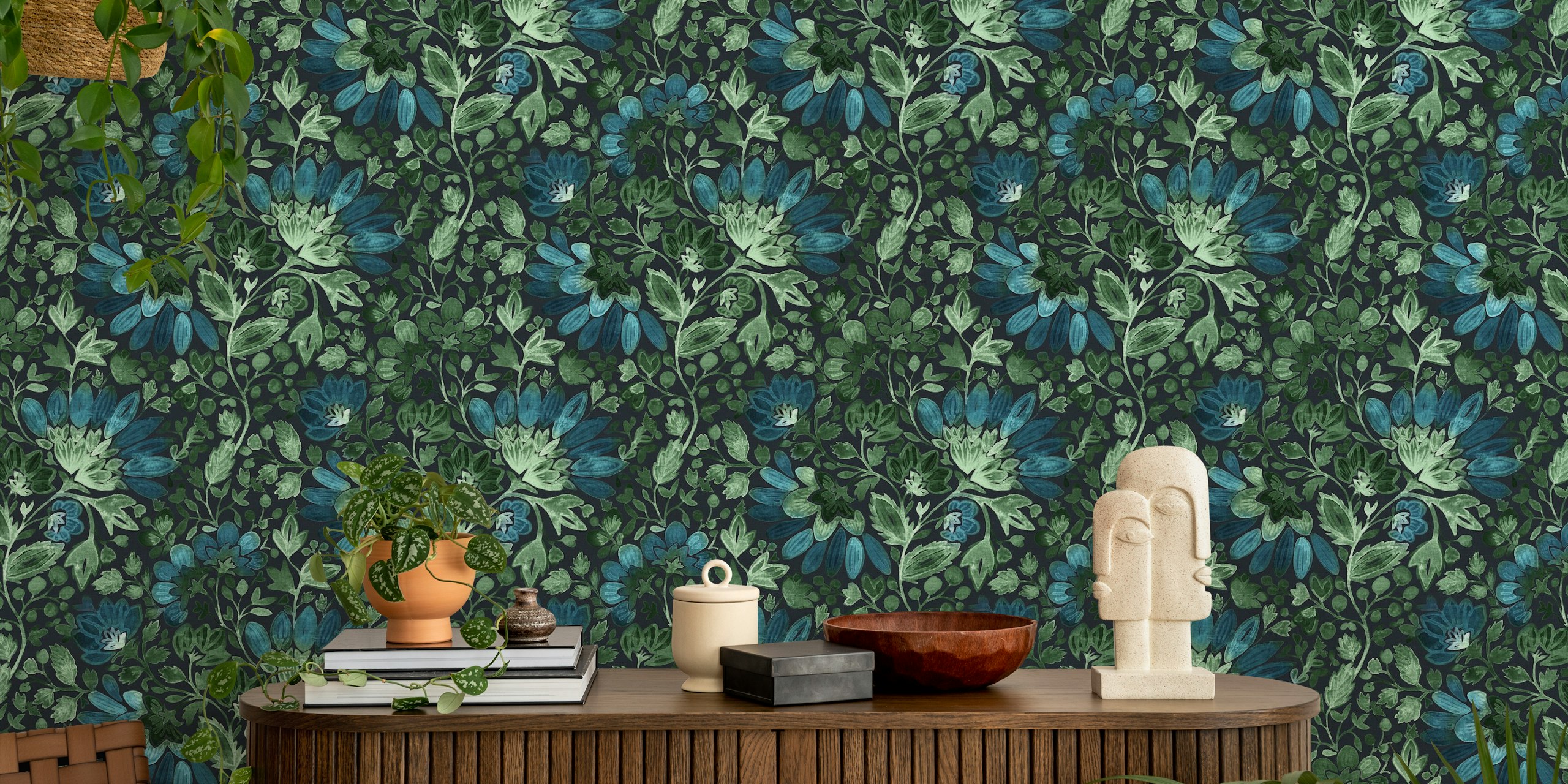 Emerald green and blue floral pattern on dark background wallpaper